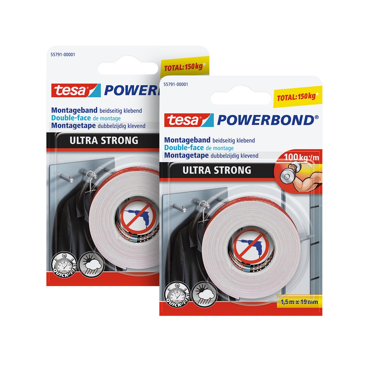 tesa Doppelklebeband POWERBOND Ultra Strong Doppelseitiges Klebeband (Packung, 2-St., 2 Rollen je 1.5m) extra stark klebend - 1,5 m : 19 mm