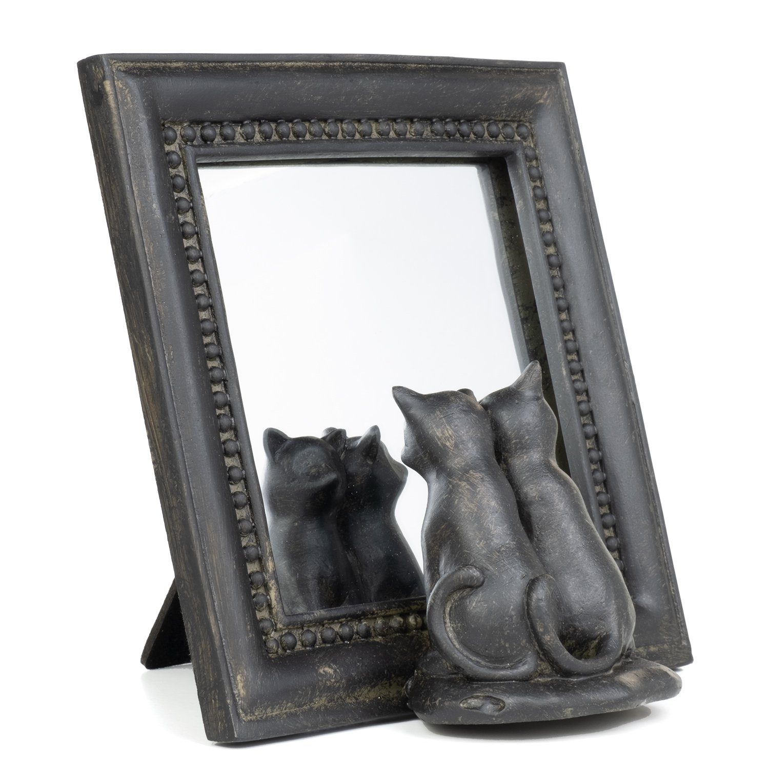 Moritz Dekofigur Deko-Spiegel Katzenpärchen sitz vor Spiegel aus Polyresin schwarz, Spiegel Antik Verziert Ornamente Dekoration