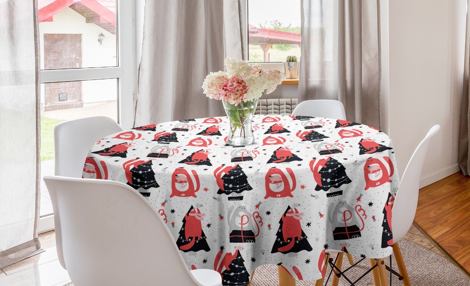 Abakuhaus Tischdecke Kreis Tischdecke Abdeckung für Esszimmer Küche Dekoration, Winter Katzen Vorbereitung auf Weihnachten