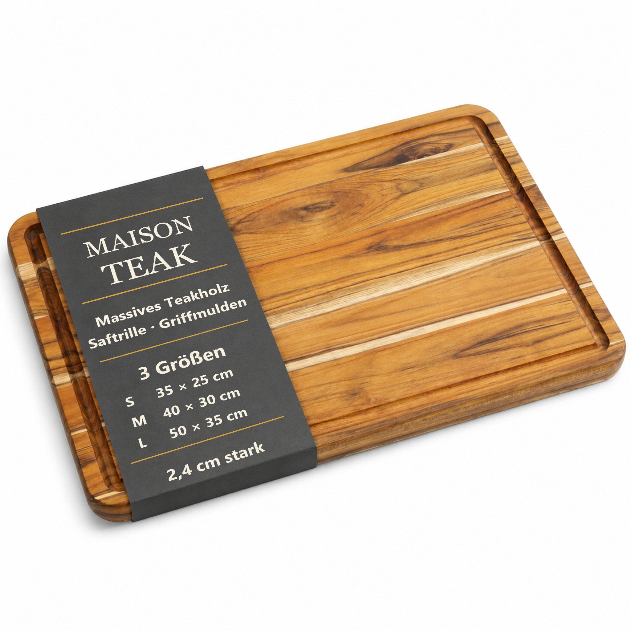 Floordirekt Schneidebrett Maison Teak Edge Grain massives Teakholz mit Saftrille Griffmulden, (Einzelartikel, 1-teilig), Naturholz,3 Größen – Bild 2 von 5