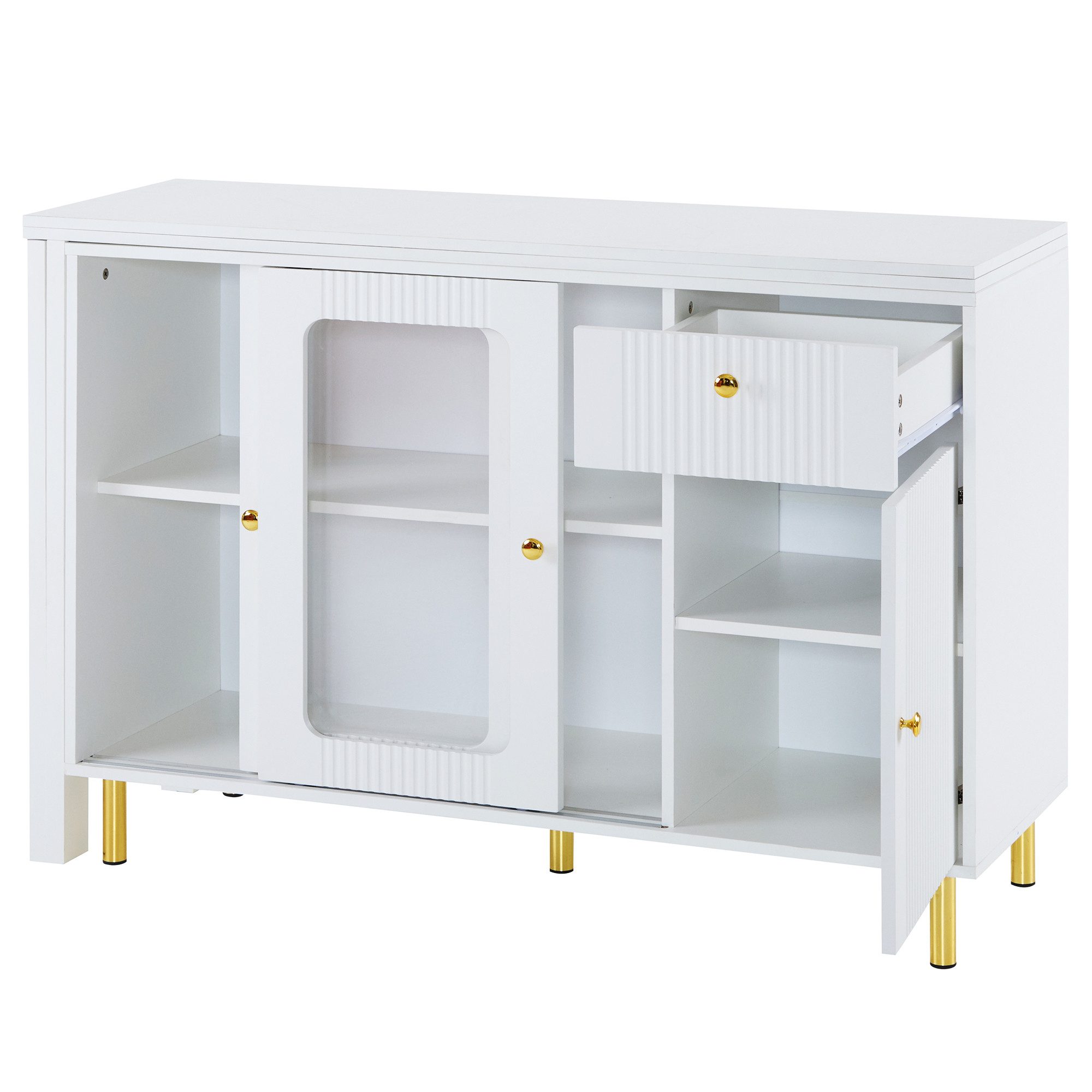 Flieks Sideboard mit klappbarem Ausziehtisch 360° drehbar Weiß (Set, 1 St., erweiterbare Tischplatte 40-80cm), Küchenschrank Esstisch mit 2 Glasschiebetür und 1 – Bild 5 von 5