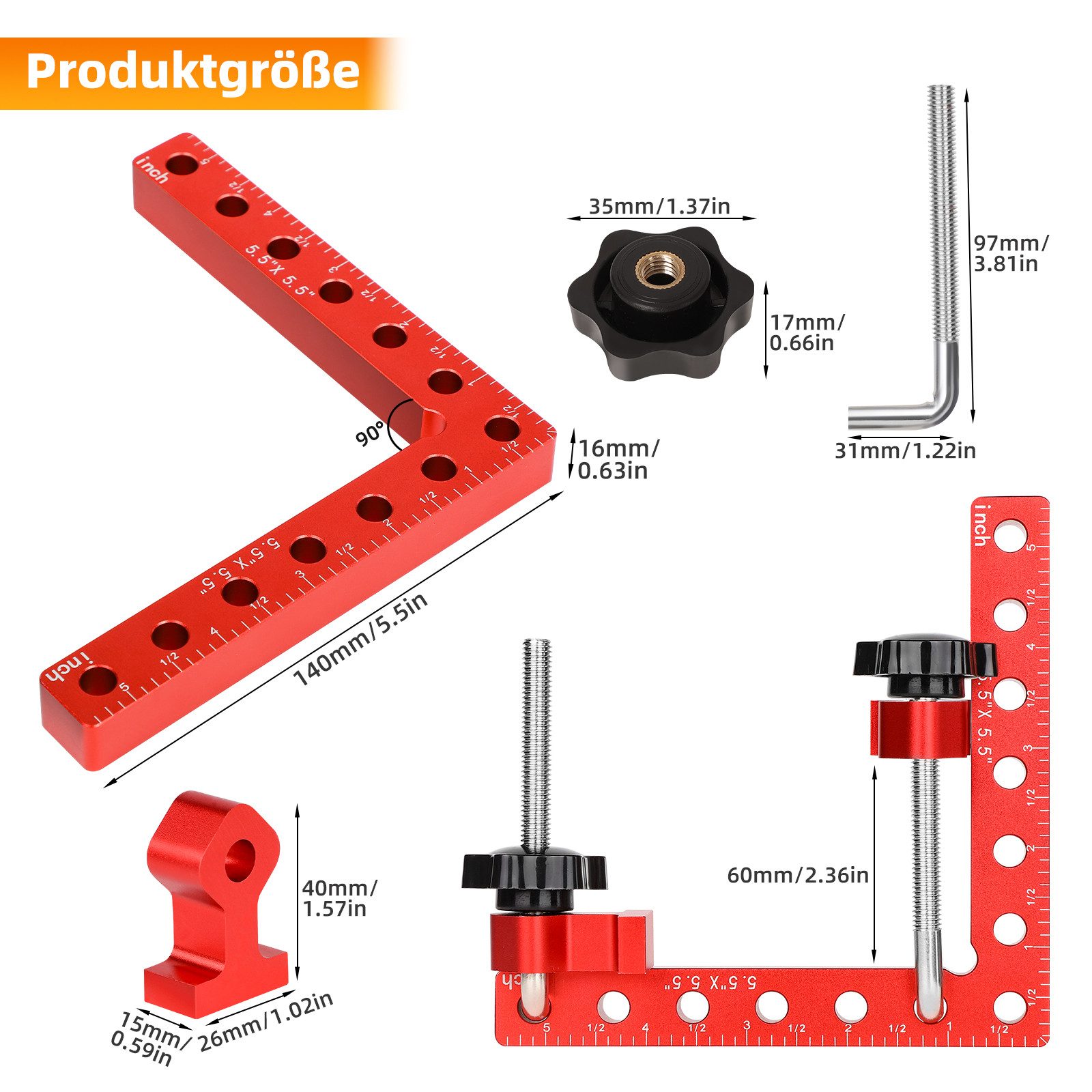 QUBEBU Klemmen 90 Grad Klemme, Schrankklemme, Rechtwinklige Klemmen Winkelklemmen, (aus Aluminiumlegierung, Eckklemmen füR Holzbearbeitungswerkzeuge, professionell verwendet für die Messung von Schubladen, Schränken), Es passt für die Holzplattendicke bis zu 60 mm.