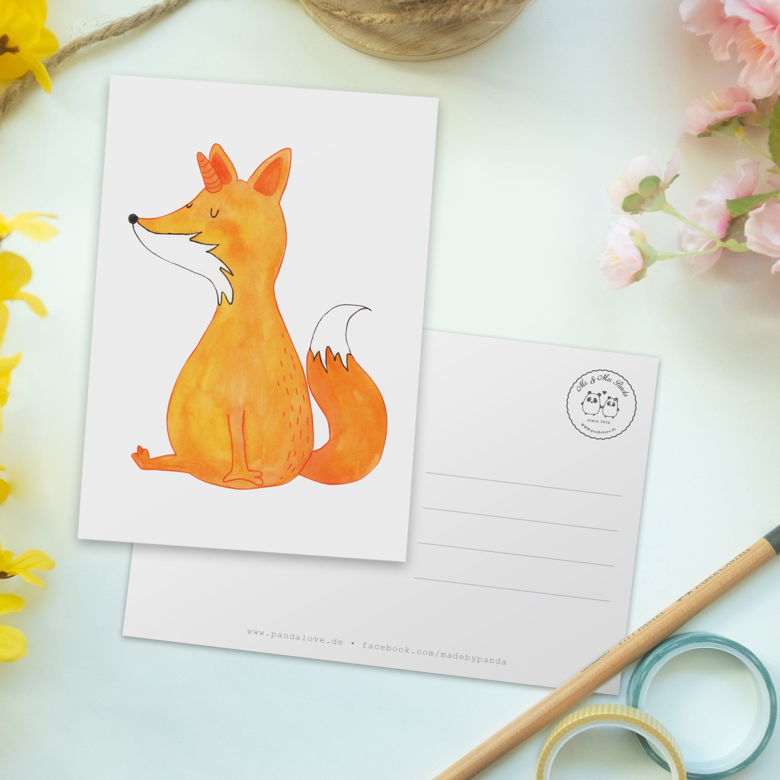 Weiß Geschenkka Fuchshörnchen Panda Wunsch & Mrs. Postkarte - Geschenk, Foxycorn, Mr. Einhorn, -