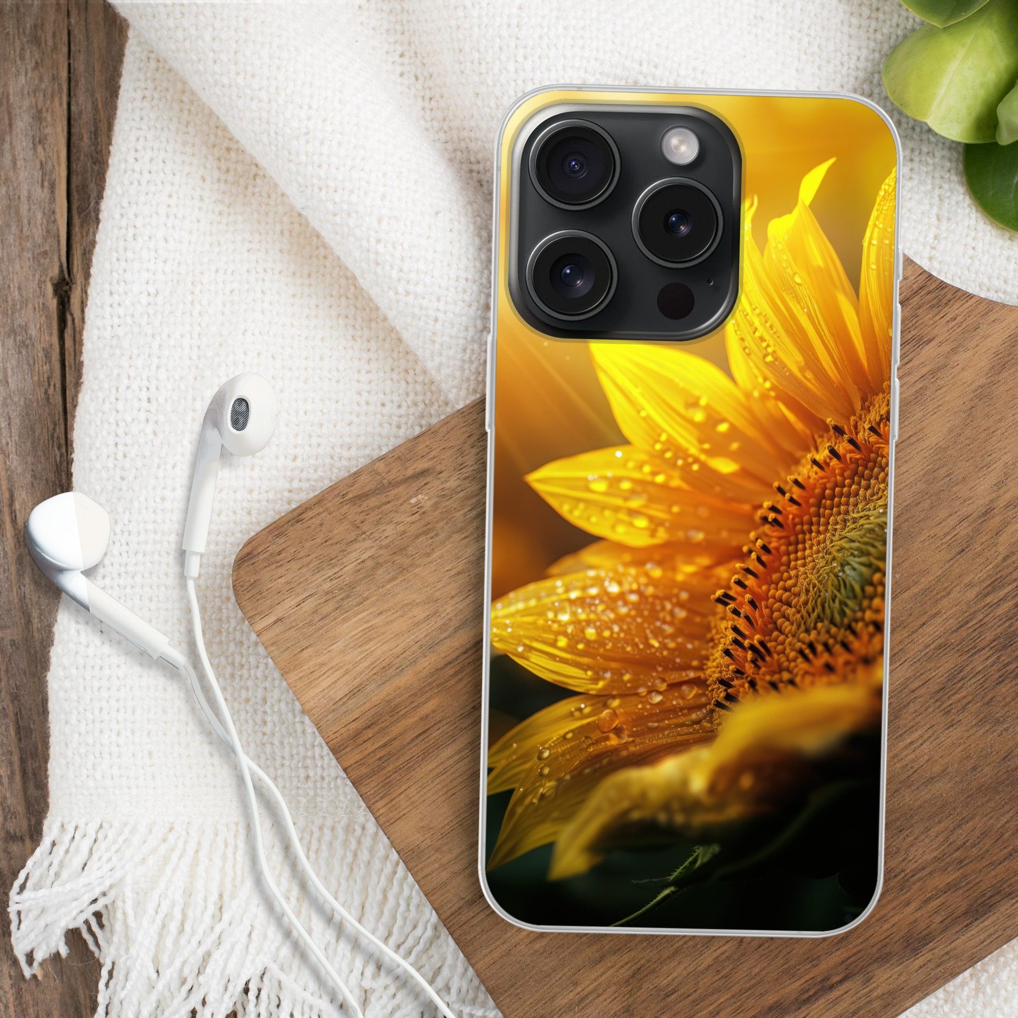 MuchoWow Handyhülle für Apple iPhone 15 Pro Sonnenblume - Tautropfen - Gelb - Sonnenlicht, Smartphone-Bumper, Print, Handy Schutzhülle Dünn