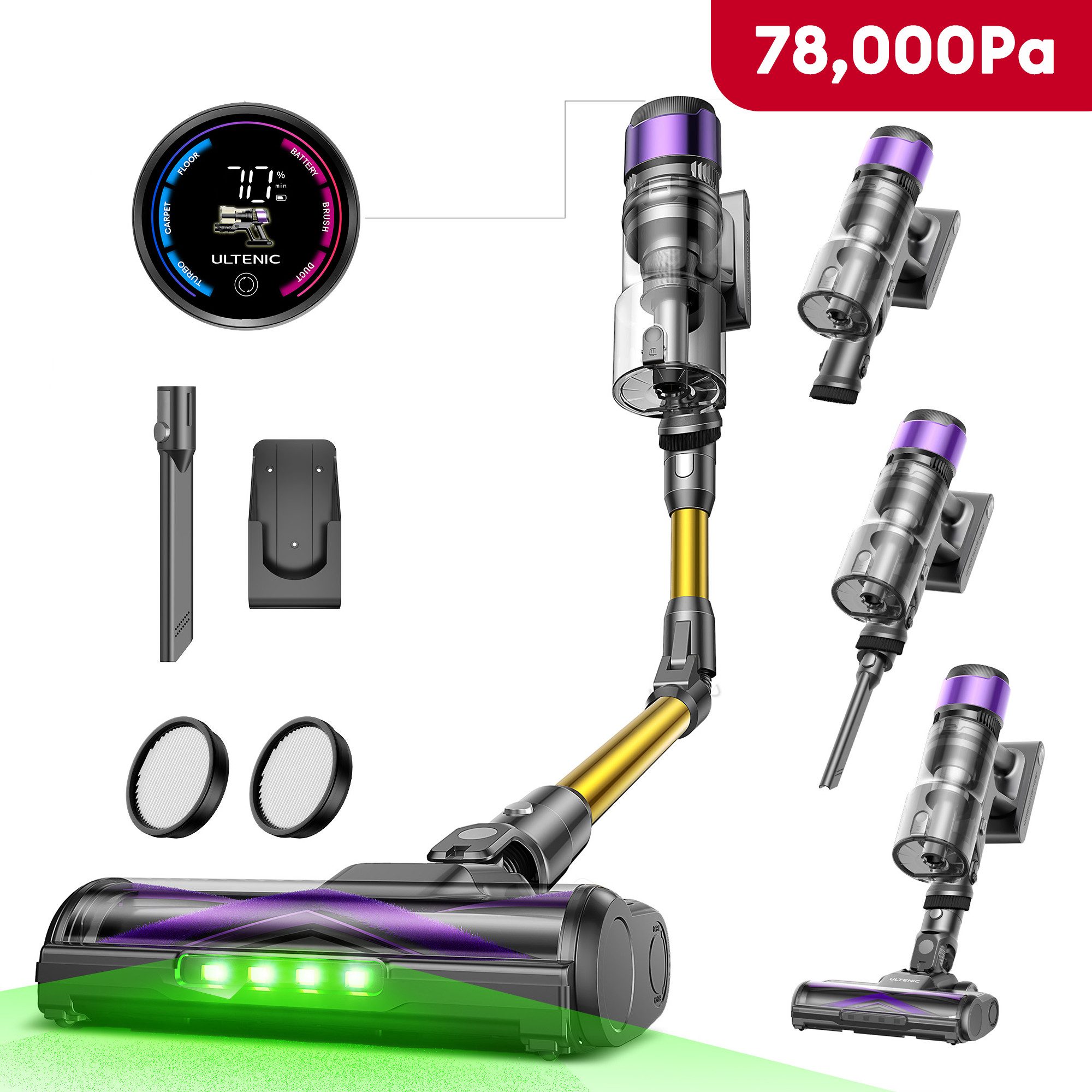 Ultenic Akku-Stielstaubsauger UL20P Akku Staubsauger, 78000PA,70min, 650,00 W, beutellos, Anti-Tangle Bodenbürste für Hartböden Teppiche Tierhaare