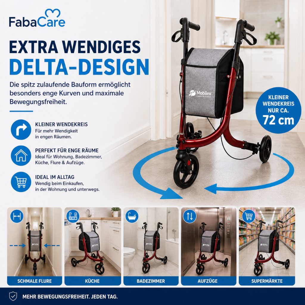 FabaCare Rollator FabaCare Lemur 3-Rad Leichtgewichtrollator, Deltarollator rot, lässt sich zusammenfalten