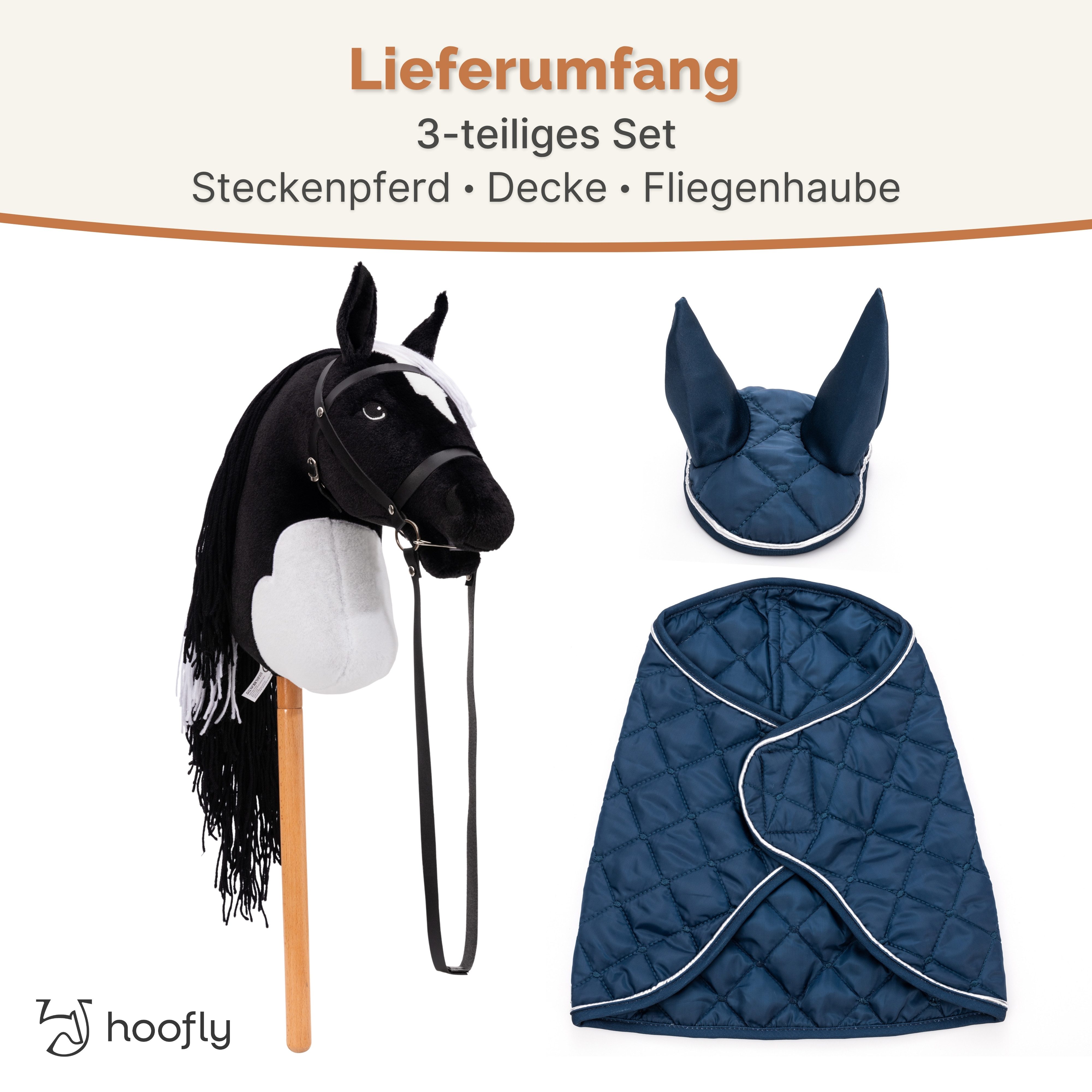Hoofly Steckenpferd Hoofly® Hobby Horse Pferde Set, (mit Decke, Fliegenhaube, Trense & Schraubstab, Hobby Horsing, Steckenpferd), Abschraubbarer Stab