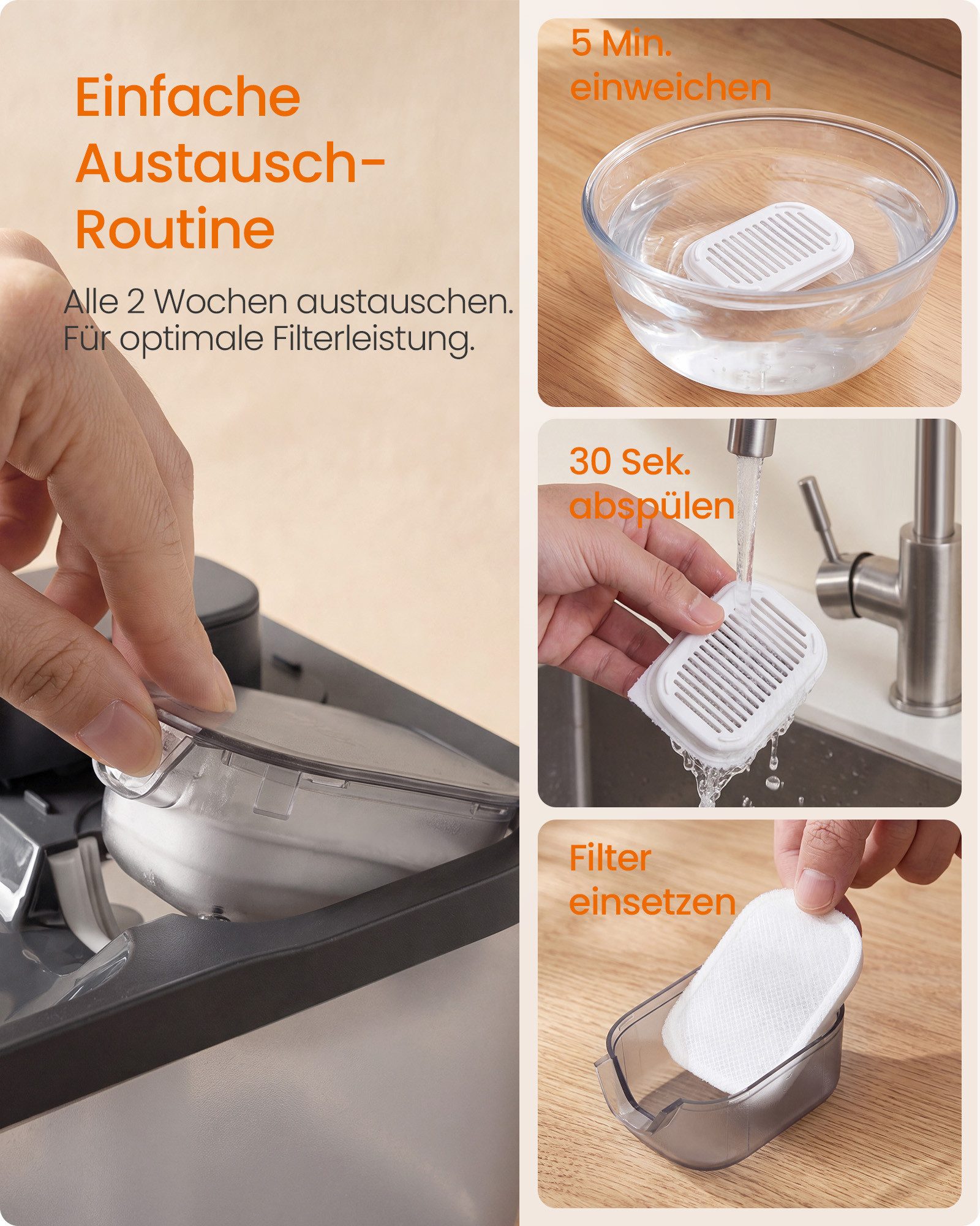 FEANDREA Ersatzfilter für Katzenbrunnen,8 Filtern und 4 Schwamm, 4-Stufen-Filtration Aktivkohlefilter, für FEANDREA Trinkbrunnen – Bild 5 von 5
