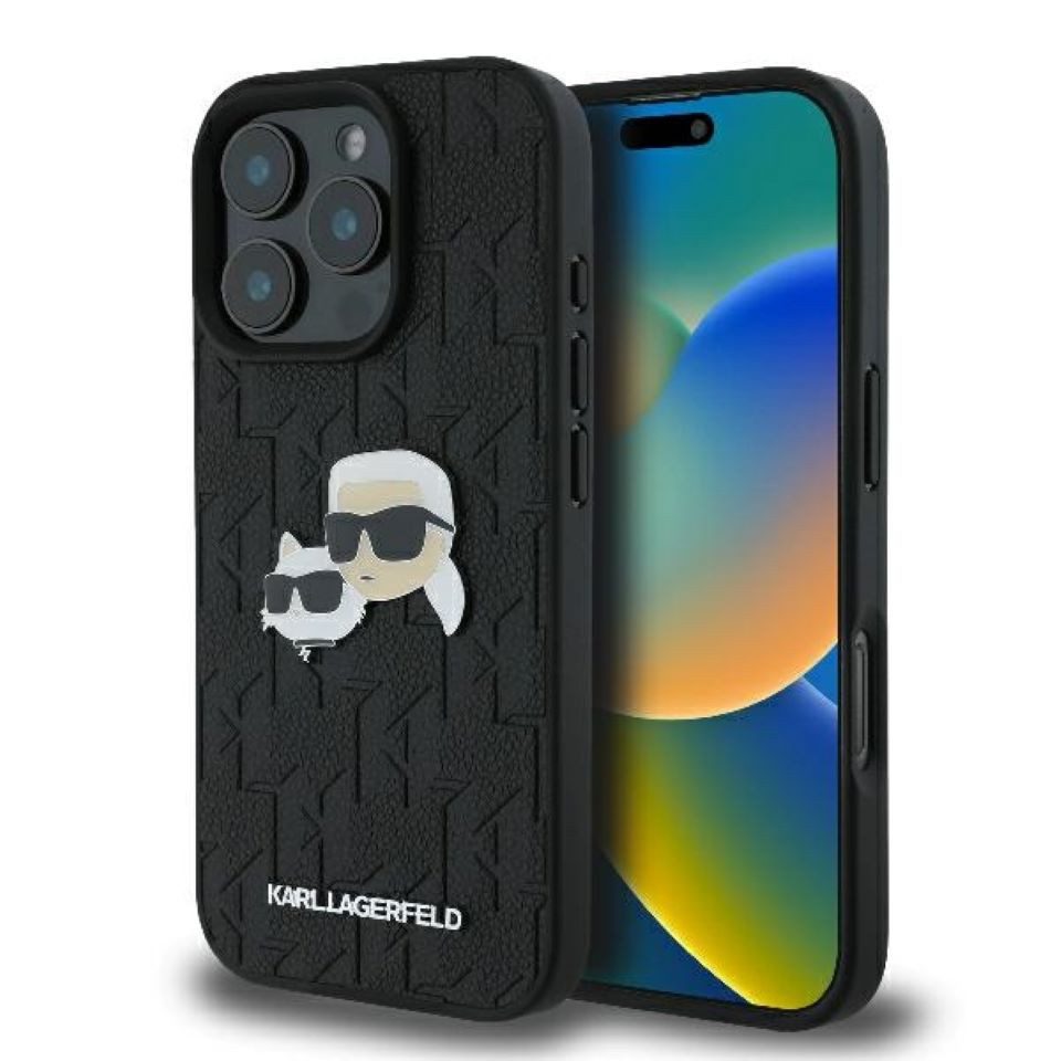 KARL LAGERFELD Handyhülle iPhone 16 Pro Max Kunststoff schwarz Logo Metall 6,9 Zoll, Kantenschutz