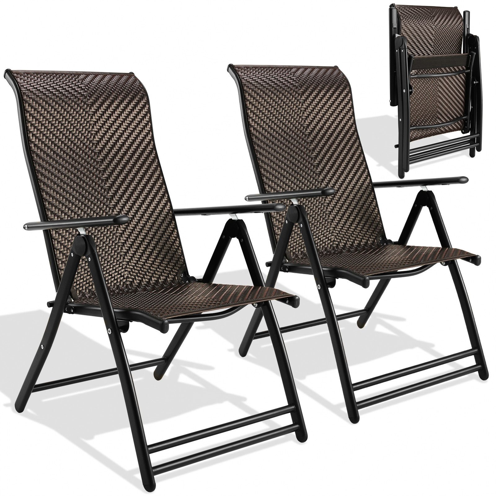 TLGREEN Gartenstuhl Rattan Klappstuhl mit 7-fach verstellbarer Rückenlehne (Wetterfester Metallrahmen Gartenstuhl für Balkon Terrasse Camping), 120 kg Tragfähigkeit, ohne Montage