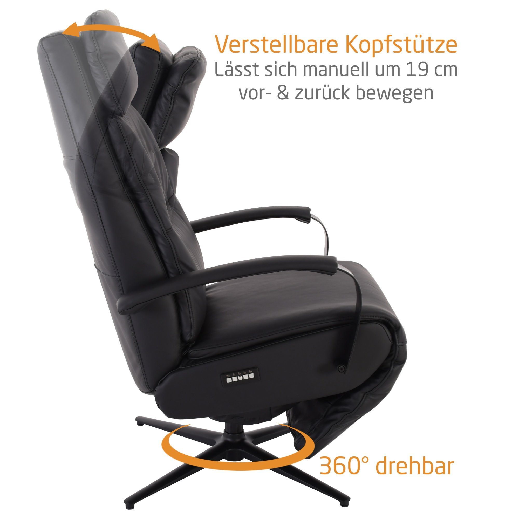 Raburg Relaxsessel OMEGA-SCHWARZ, Schnelle 360° THOMAS, zügige Motoren, Echtleder, für drehbar, 2 Motoren, Verstellung