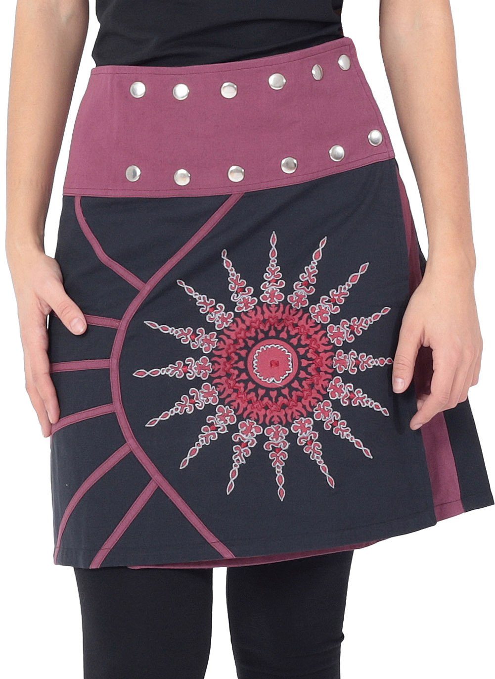 PUREWONDER Wickelrock Damen Rock mit Mandala-Blume bestickt sk193 Baumwolle Einheitsgröße