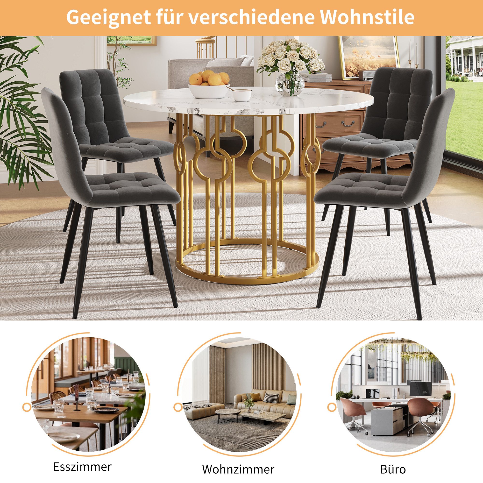 HAUSS SPOLE Essgruppe 5tlg Esstisch mit 4 Stühlen aus grau Samt, goldenen Metallbeinen, (5-tlg., 100*100*76cm)