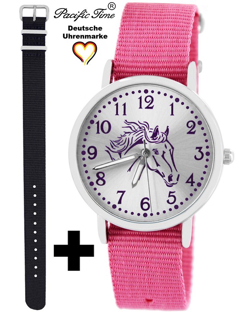 Kinder Match und Quarzuhr Gratis schwarz violett Armbanduhr Set Mix Pferd - Wechselarmband, Time Design rosa Pacific Versand und
