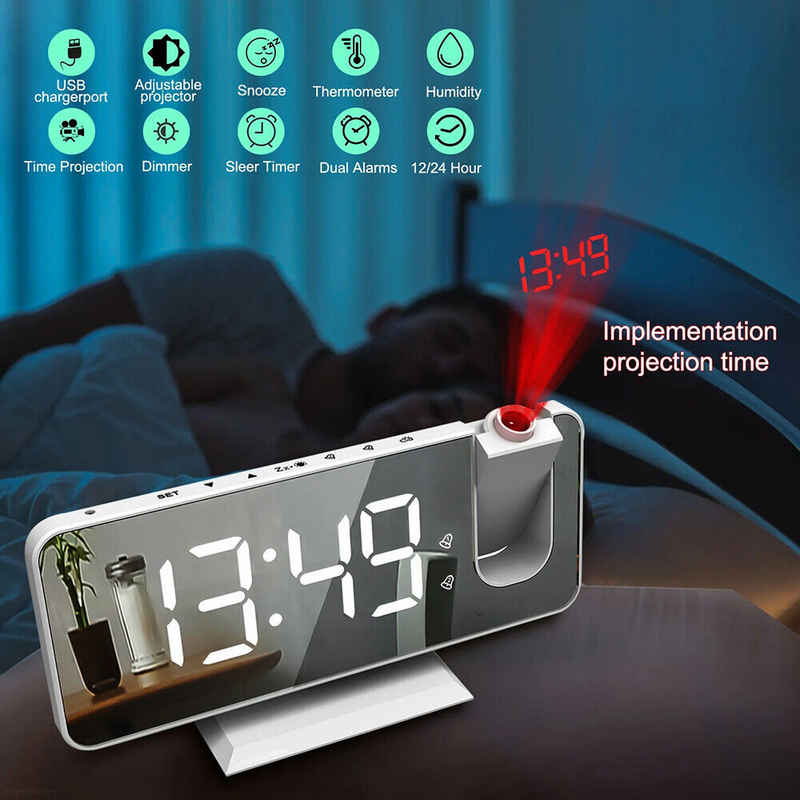 BlingBin Radiowecker mit Projektion Digital Dimmbar Tischuhr Dual Alarm Projektionswecker 12 / 24H USB-Anschluss