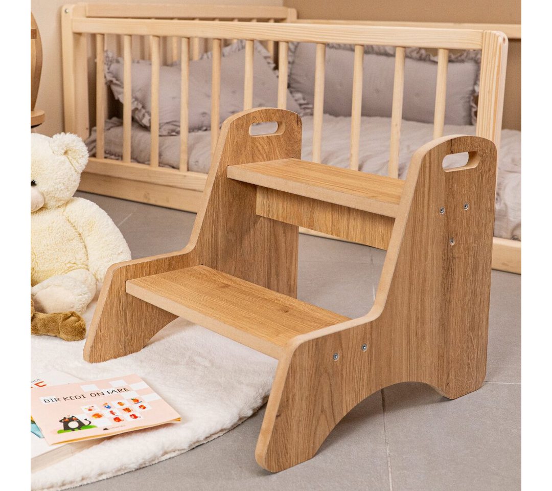 COZYCOLLECTIONS Tritthocker Montessori Tritthocker 2-stufig, Naturholz, bis 70 kg, 18M–6J (Tritthocker / Kindertritt / Steighilfe (2-stufig), 1 St., 1 Tritthocker mit 2 Stufen (bis 70 kg belastbar), Montessori: 2 Stufen + Griffe – Autonomie sicher ab 18 M