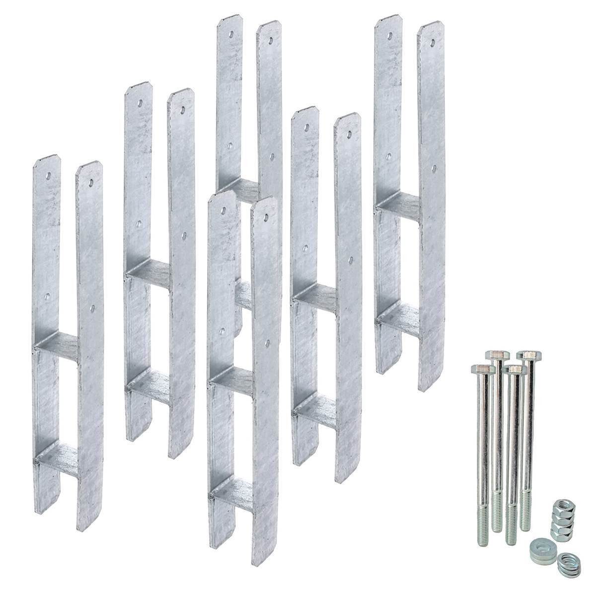 siwitec Pfostenträger 6 x H-Pfostenträger Set, Pfosten mit Befestigungsmaterial, 600 x 81 mm, für Holzpfosten im Außenbereich, zum Einbetonieren, (Set)