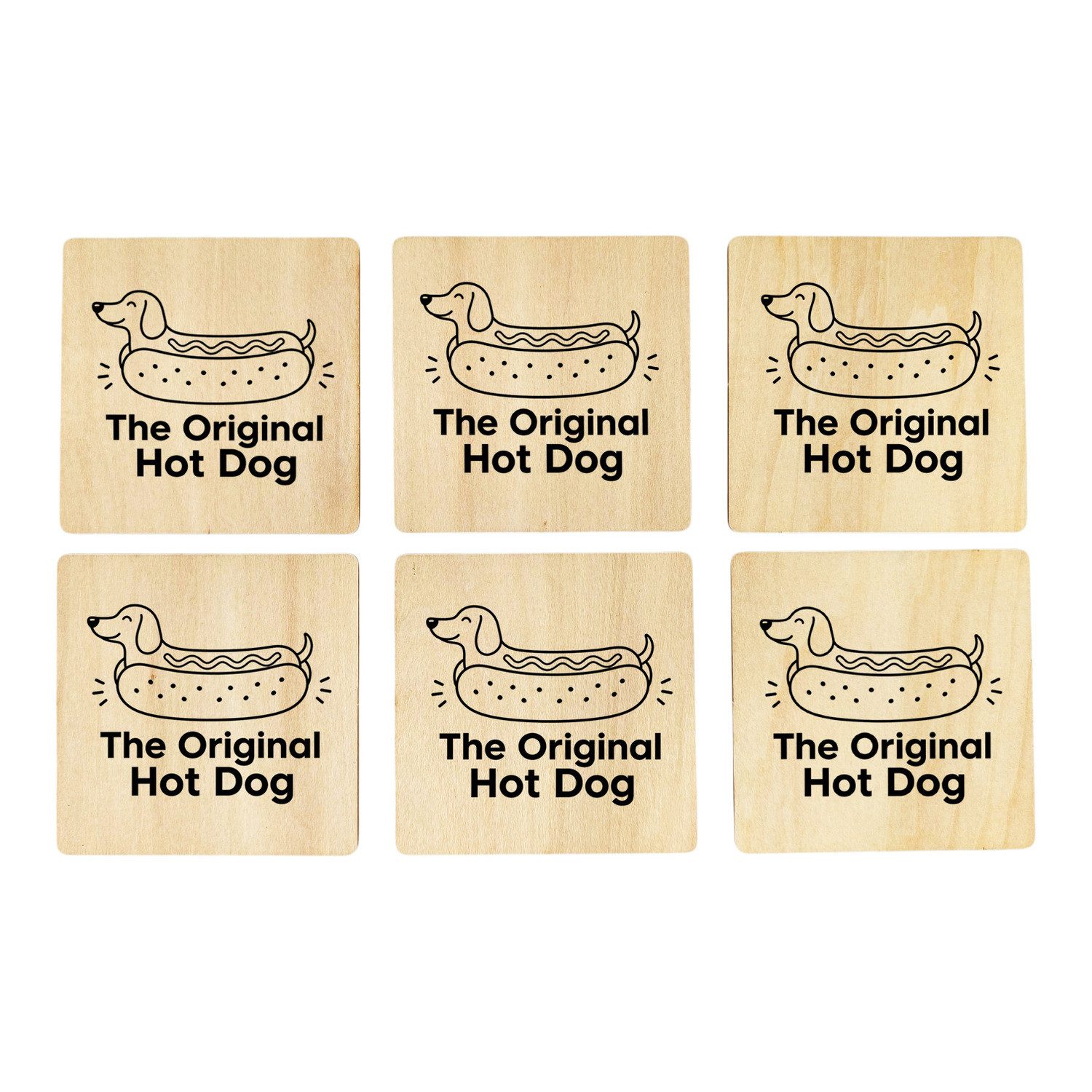 speecheese Glasuntersetzer 6er Set Untersetzer Holz Hot Dog schwarz weisses Hundemotiv Mit The