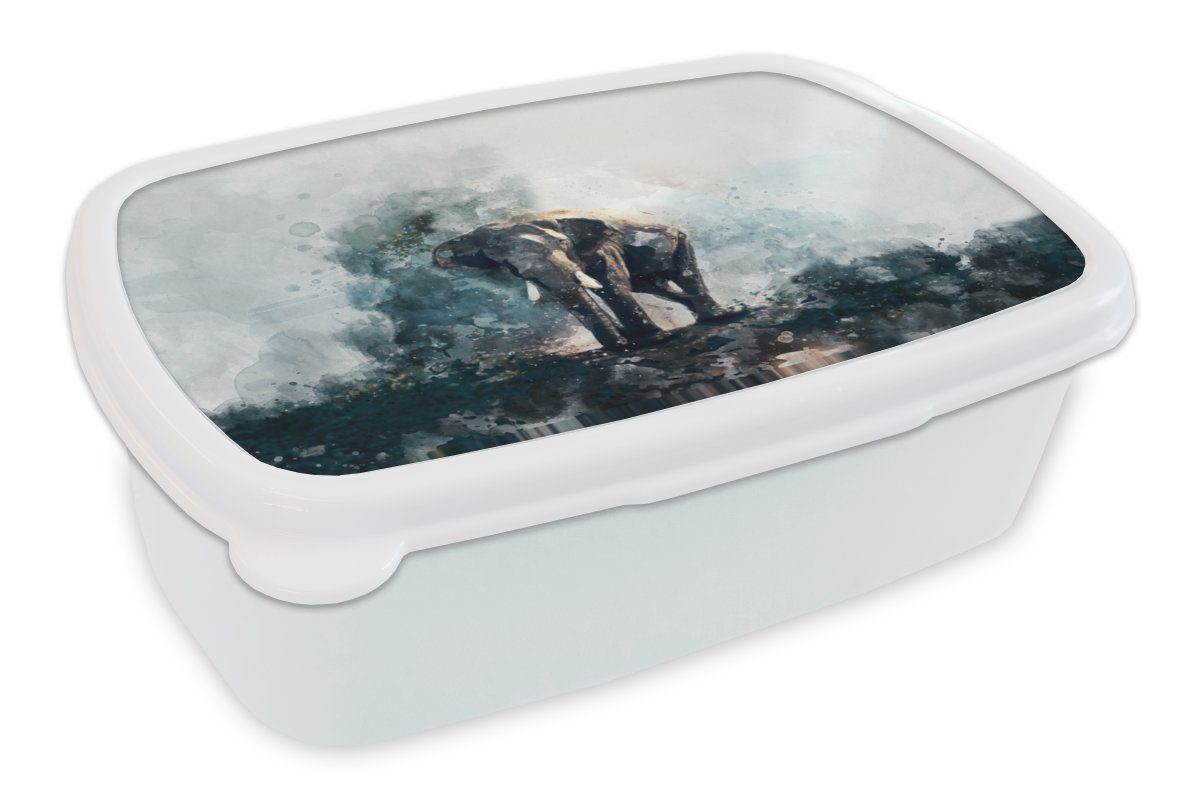 MuchoWow Lunchbox Elefant - Aquarell - Blau, Kunststoff, (2-tlg), Brotbox für Kinder und Erwachsene, Brotdose, für Jungs und Mädchen weiß