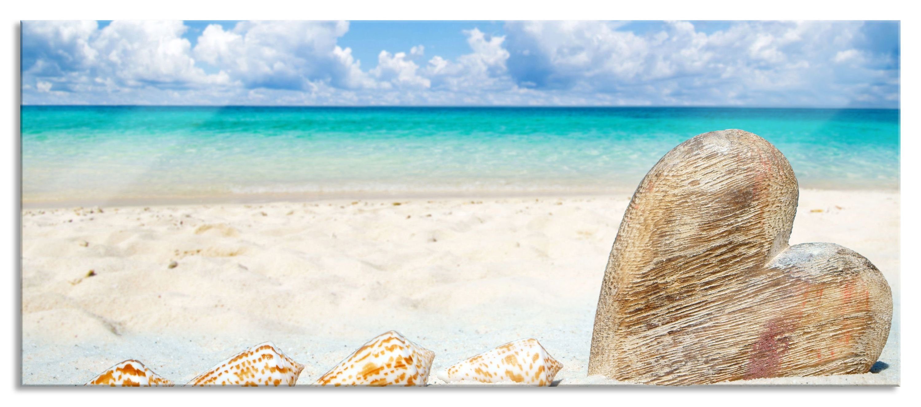 Pixxprint Glasbild Sandstrand mit Muscheln, Sandstrand mit Muscheln (1 St), Glasbild aus Echtglas, inkl. Aufhängungen und Abstandshalter