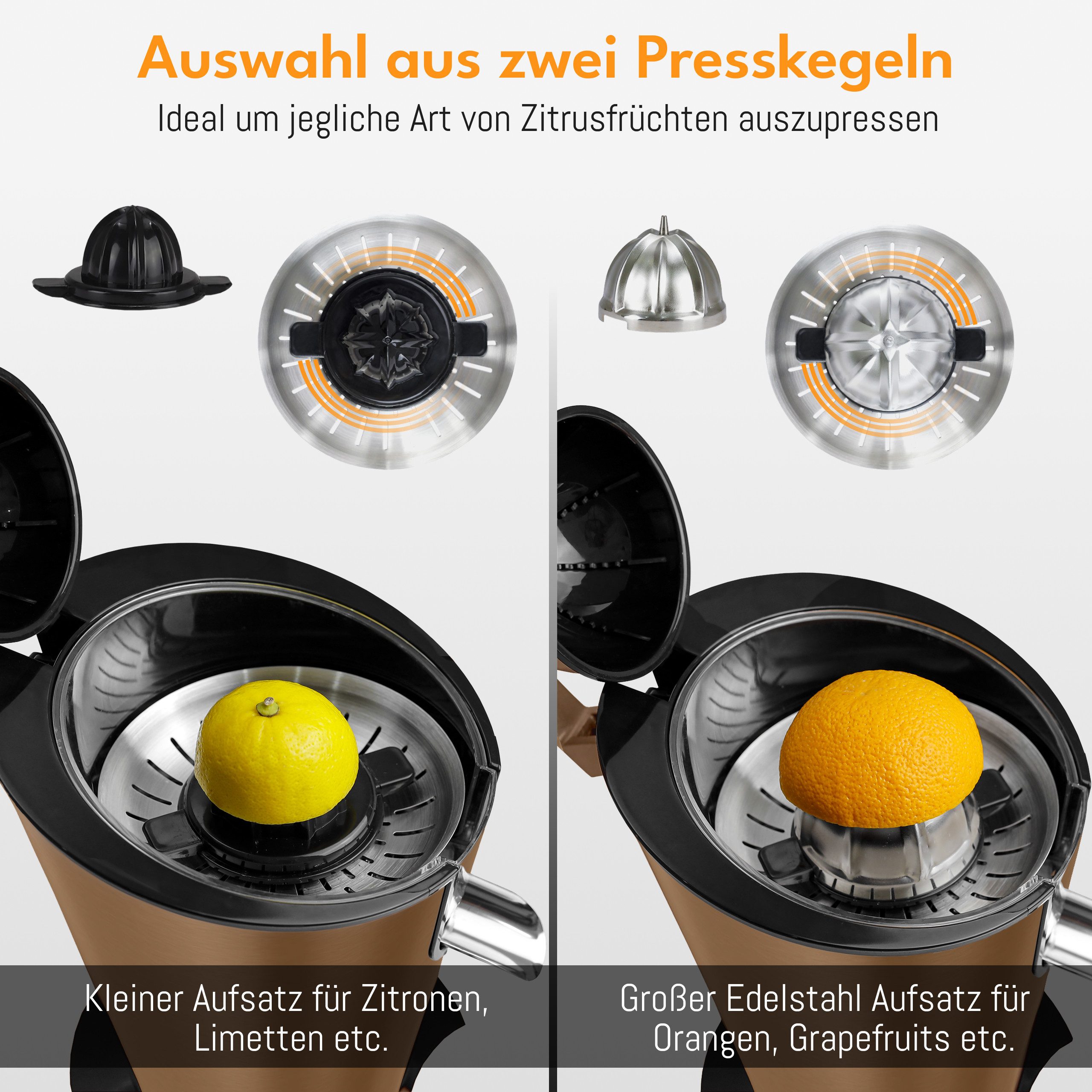 Lebenlang Zitruspresse LEBENLANG Saftpresse elektrisch 600W - Inkl. Edelstahlkegel & BPA-Frei, 600,00 W, Hohe Saftausbeute, Schwarz & Silber