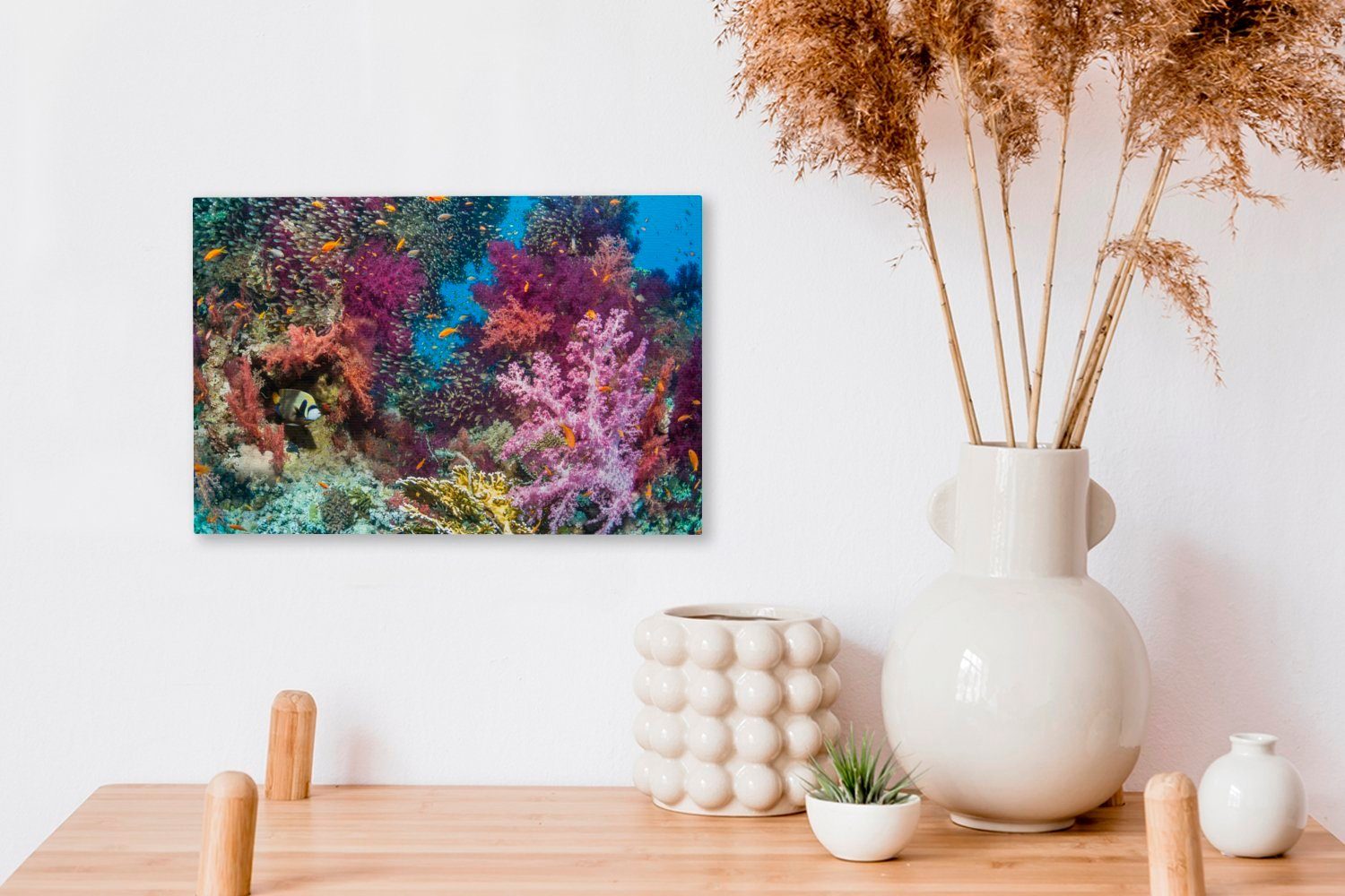 St), leuchtenden Die (1 30x20 OneMillionCanvasses® Wandbild der schwimmenden, Farben Wanddeko, Leinwandbild cm Leinwandbilder, mit Aufhängefertig, Korallen verschiedenen