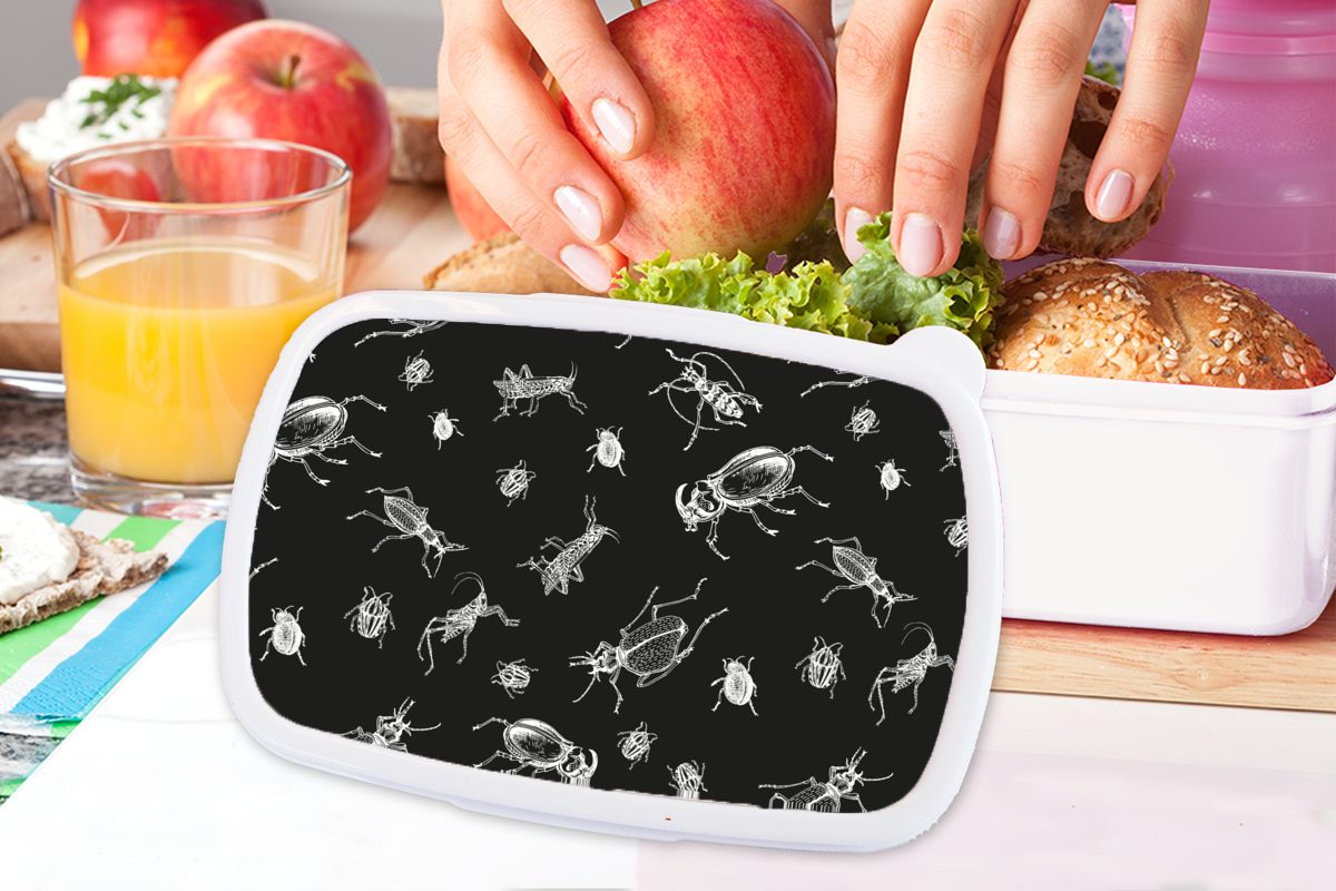 MuchoWow Lunchbox Muster - Insekten Brotdose, Mädchen Weiß, für Jungs Erwachsene, Schwarz Brotbox Kunststoff, und und Kinder (2-tlg), und für 