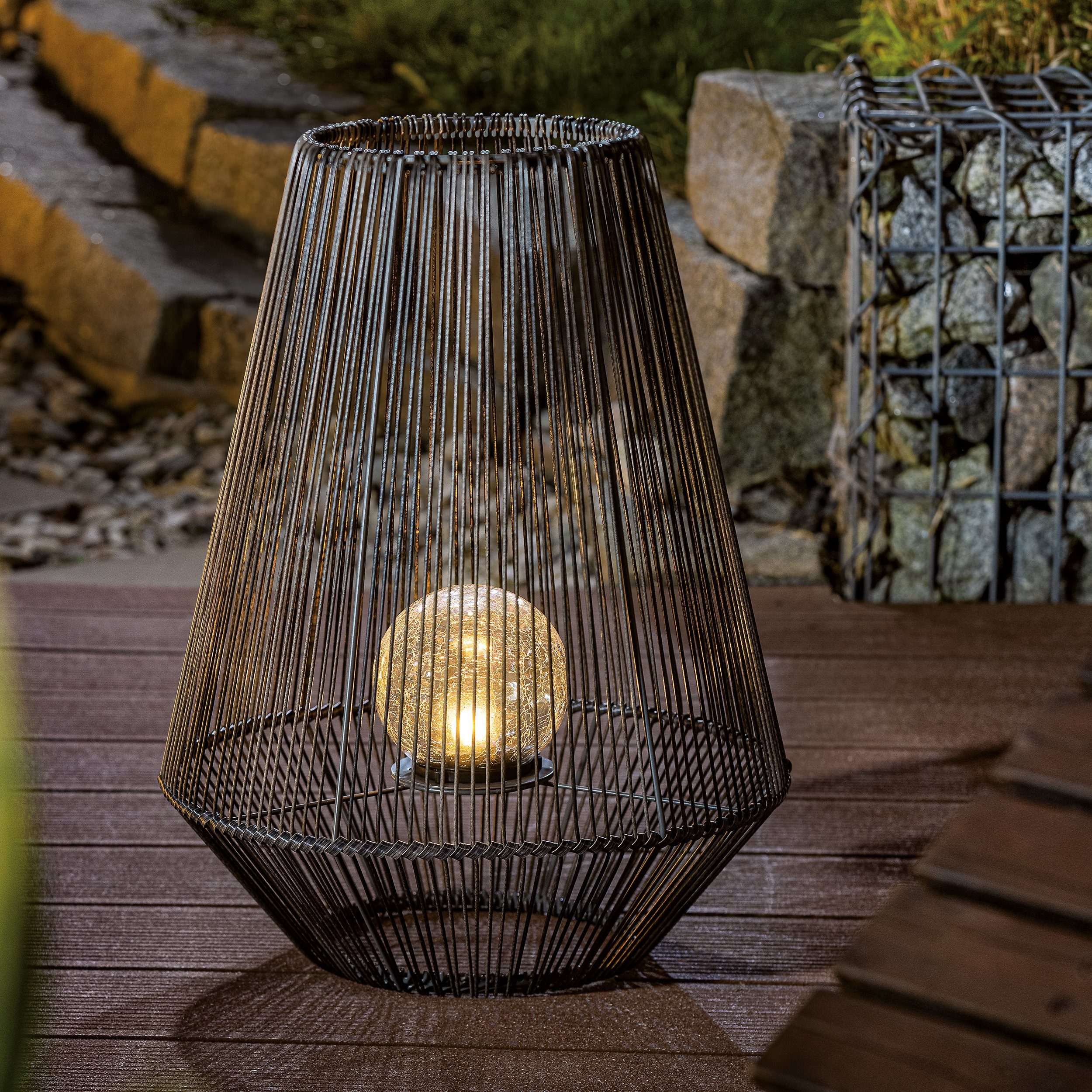 esotec LED Solarleuchte Windlicht ILONA H=51cm 2800K Boho Polyrattan Bruchglaskugel 102208, LED fest integriert
