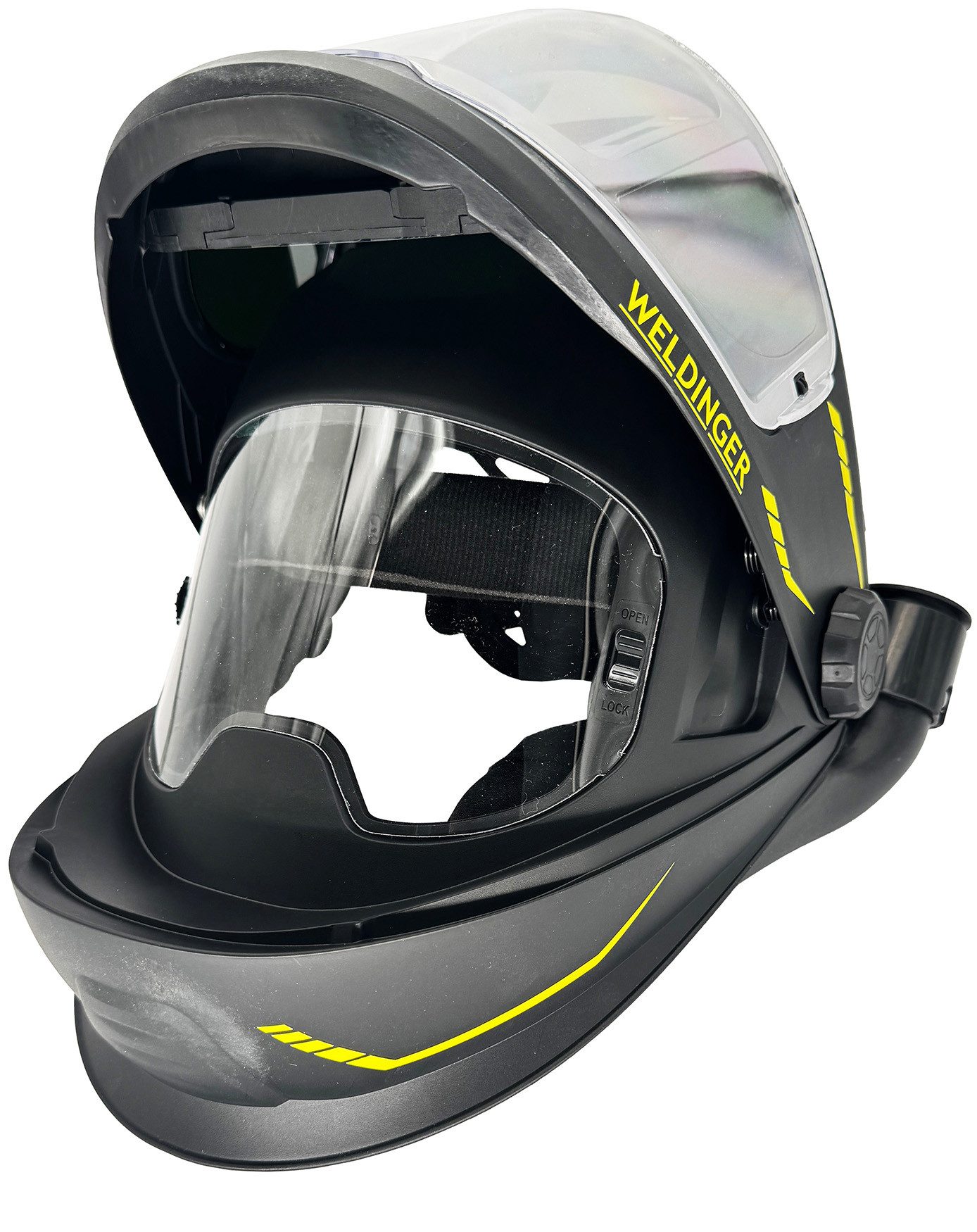 WELDINGER Schweißhelm Frischluftsystem FS-800 mit Schweißhelm AH 850 flip up air system (5-tlg), Realcolour-Sichtfeld, Flip Up-Visier, Lithium-Wechselakkusystem