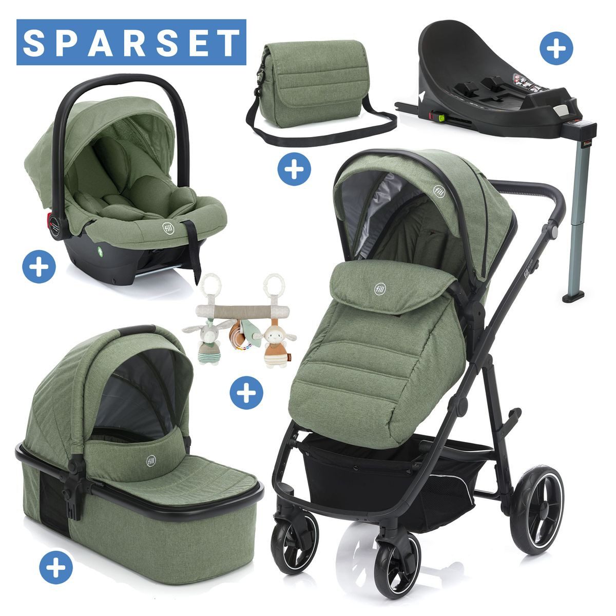 Fillikid Kombi-Kinderwagen Fill Jaguar - Grün Melange, 3in1 Kinderwagen mit Babyschale, Babywanne, Sportsitz & Isofix-Basis