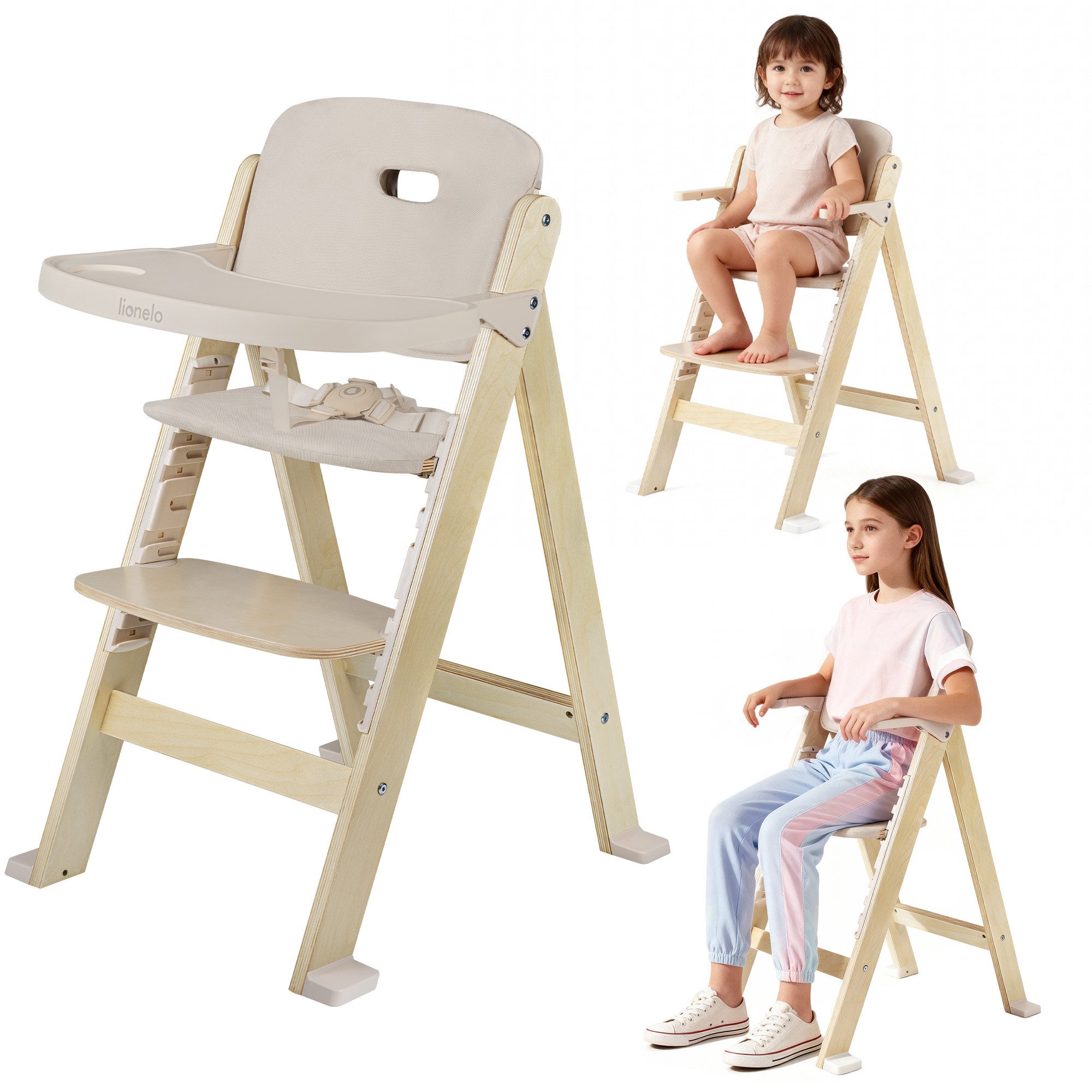 lionelo Hochstuhl Floris 3-in-1 (HOLZ), Hochstuhl mit GurtMitwaschenderbis 40kgHolz