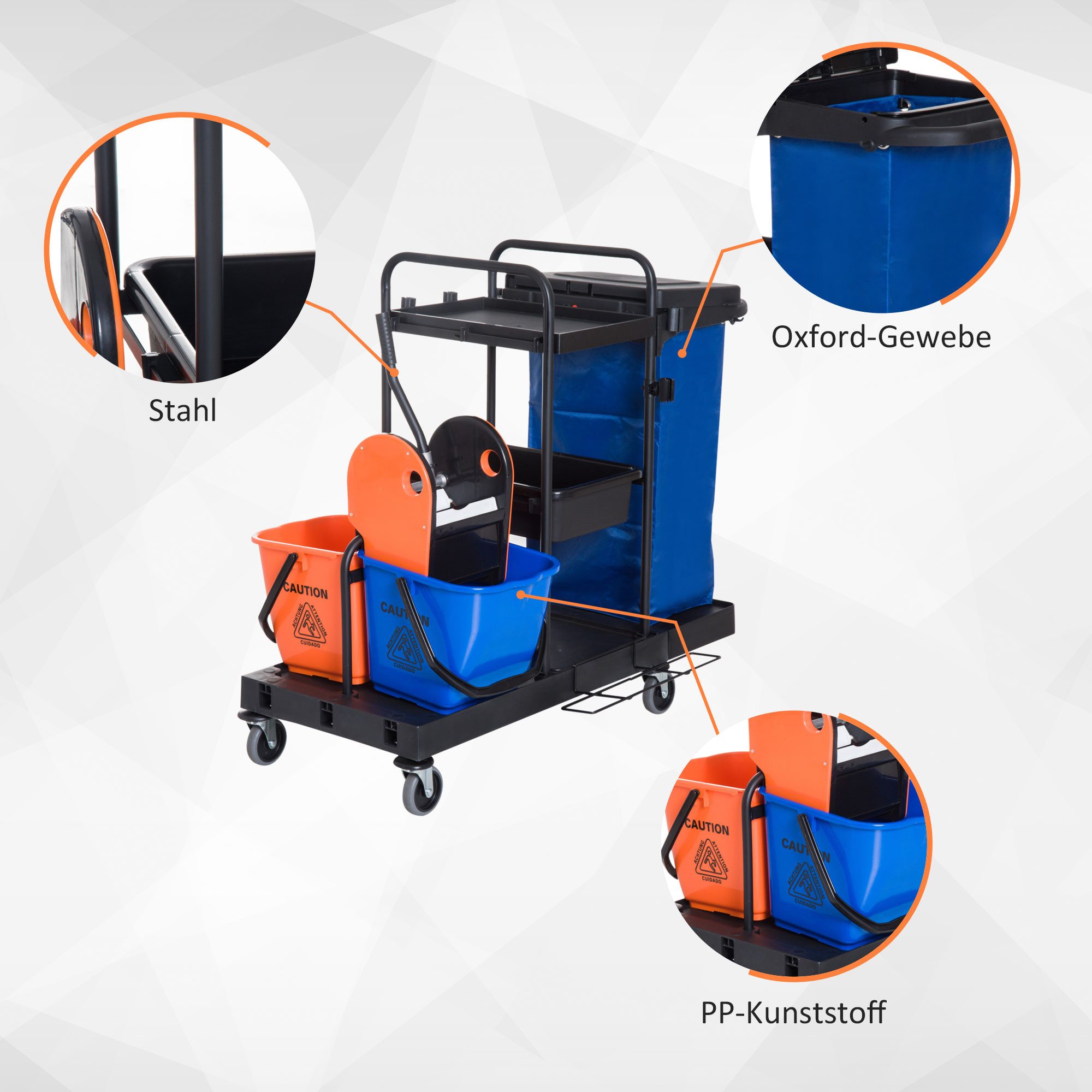 HOMCOM Putzeimer Reinigungswagen mit 3 Ebenen, 2x18L Eimer, Abfallsack, (Wischwagen, 1-tlg., Putzwagen), Schwarz+Blau+Orange 111 × 63,3 × 103 cm – Bild 4 von 5