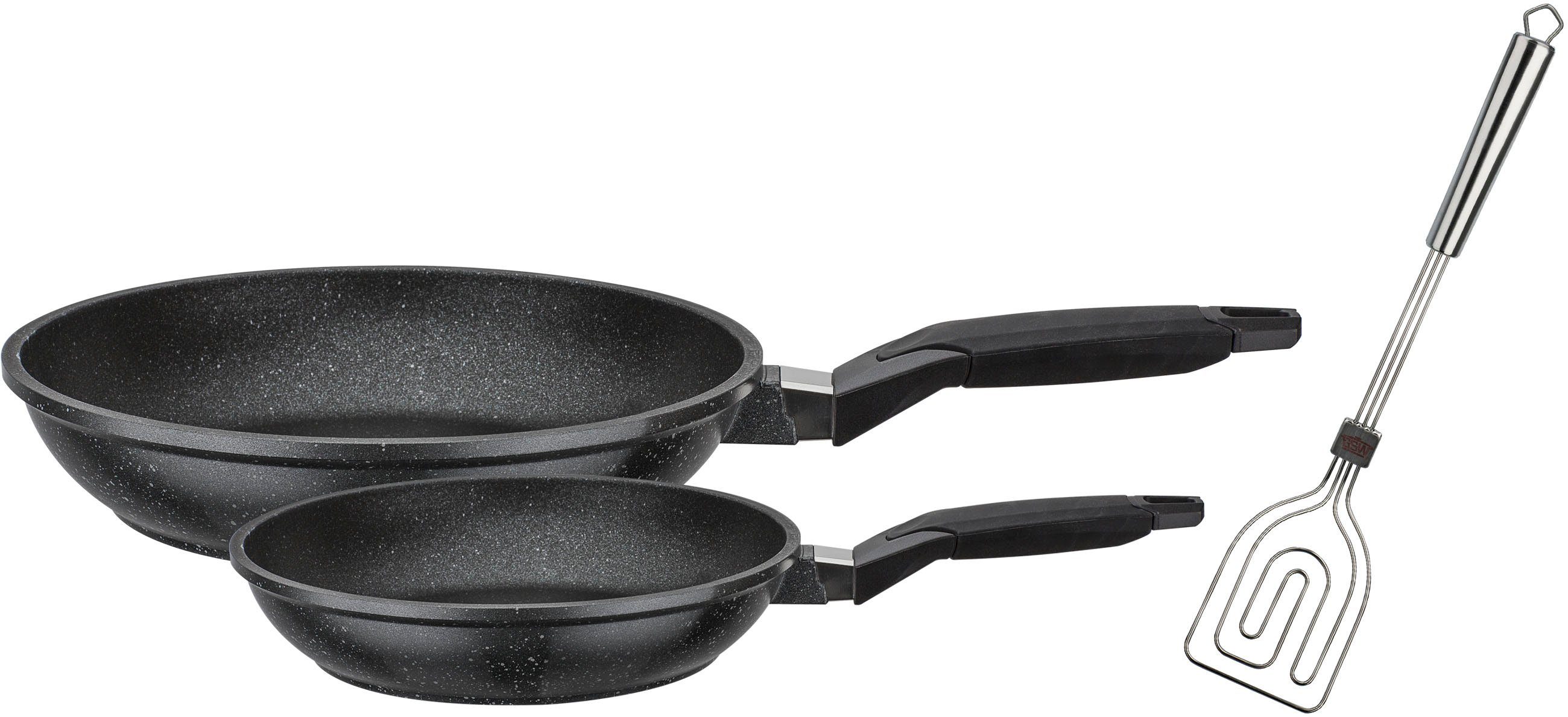 GSW Сковороди-Set Titanium Granit, Aluminiumguss (Set, 3-tlg., je 1 Pfanne Ø 20/28cm, 1x SCALA Всіswender), kratzfeste TITAN Antihaft-Versiegelung, inkl. Wender, Induktion