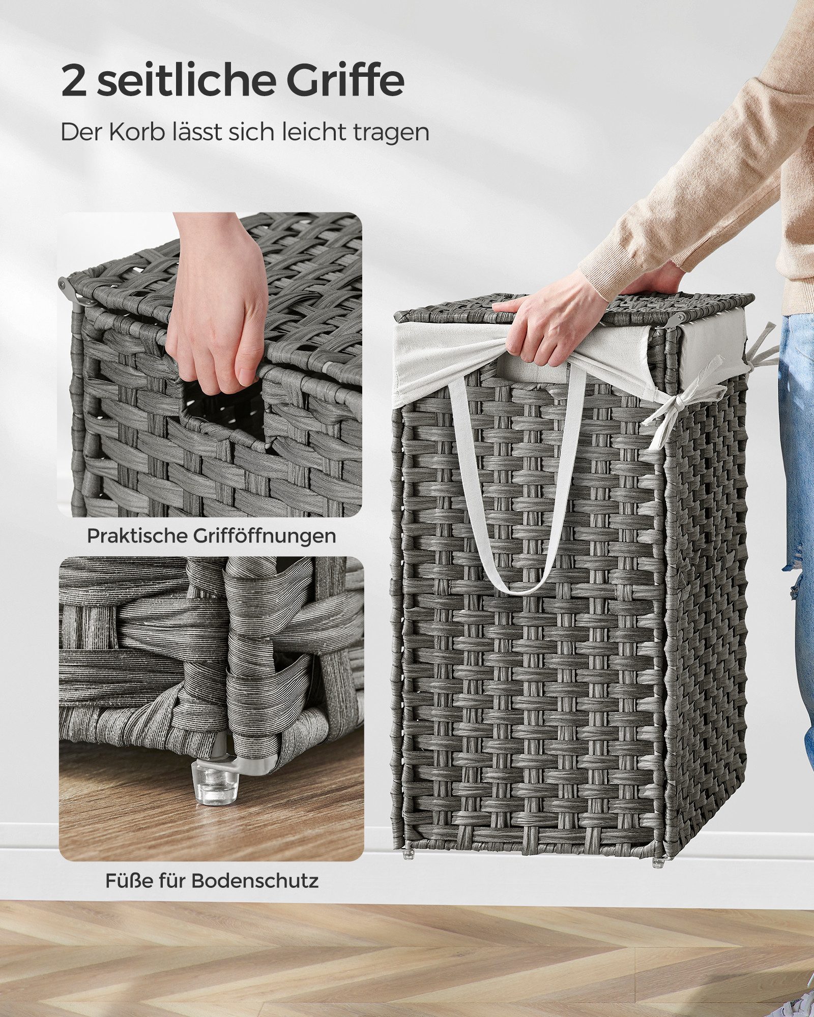 SONGMICS Wäschekorb Wäschebox aus synthetischem Rattan, herausnehmbarer Wäschesack, 90 Liter, handgeflochten, mit Deckel und Griffen, faltbar, 46x33x60 cm – Bild 4 von 5