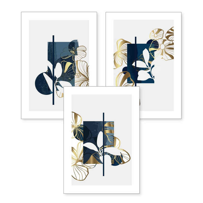 Kreative Feder Poster Abstrakt Blau, Abstrakt (Set, 3 St), 3-tlgs Poster-Set, Kunstdruck, optional mit Rahmen, wahlw. DIN A4/ A3