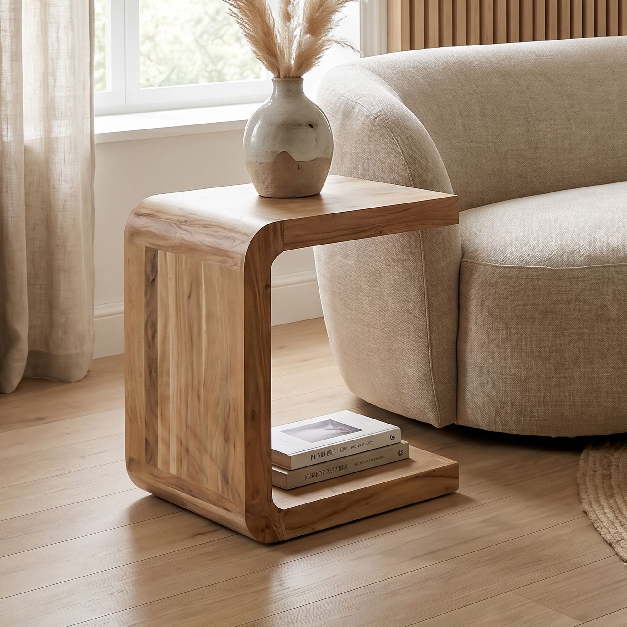 FINEBUY Beistelltisch FB117916 Anstelltisch Akazie Massivholz 45 cm Couchtisch C Form (Flexibles Beistellmöbel für deine Couchecke), Quadratischer Sofatisch vielseitig nutzbar