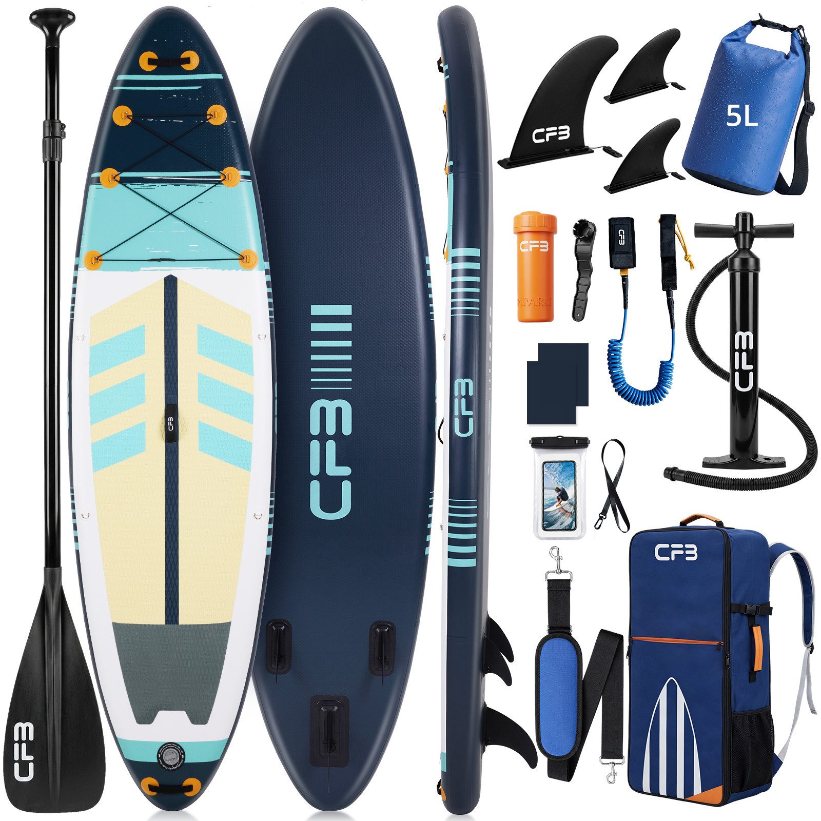 CFB SUP-Board Set 320x84x15 cm extra breit, Bis zu 160 kg, aufblasbar Stand Up Paddle Board, (iSUP Komplett-Set, 12 tlg., mit Alu Paddel, Pumpe, Rucksack, Leash, 5L Dry Bag und Schultergurt), Paddleboard aufblasbar für Anfänger & Erwachsene