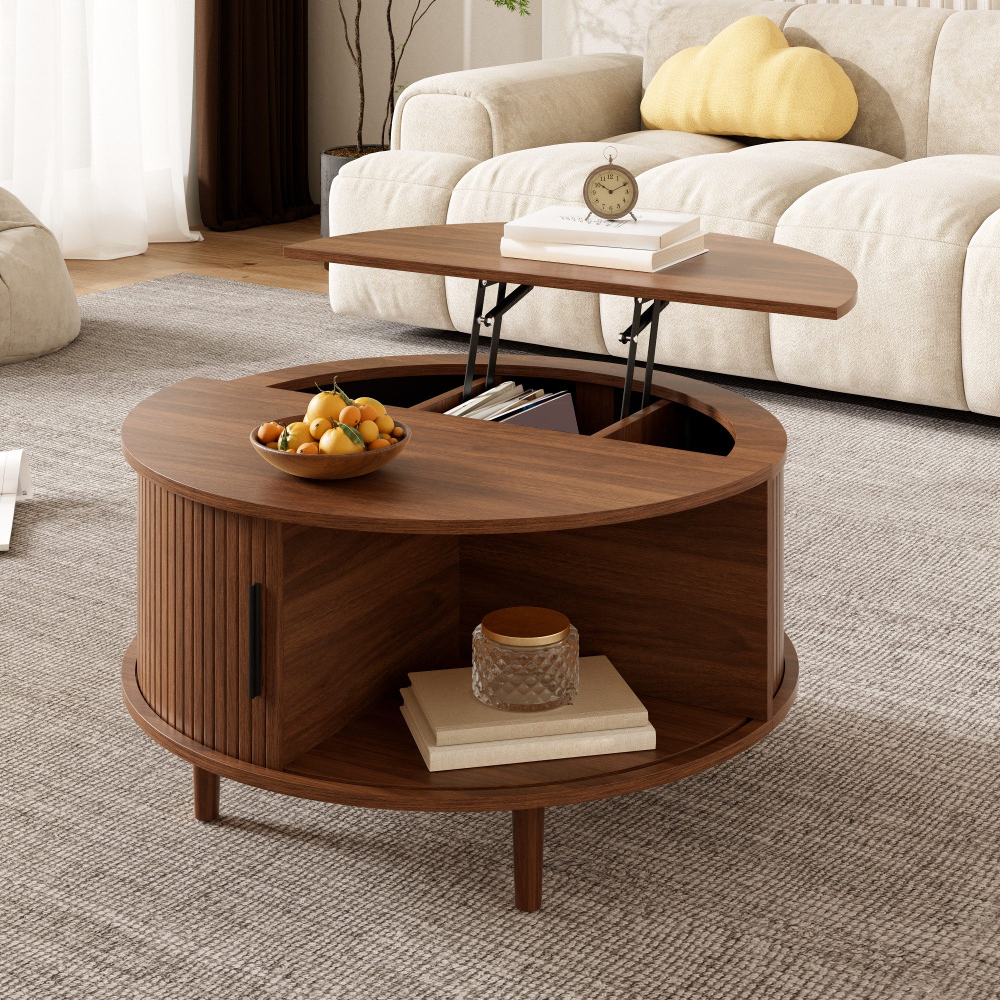 HAUSS SPOLE Couchtisch Couchtisch höhenverstellbar Kaffeetisch mit Schiebetür und Holzfüße (Wohnzimmertisch mit höhenverstellbarer Tischplatte), Moderner Sofatisch Holzoptik mit vertikalen Leisten