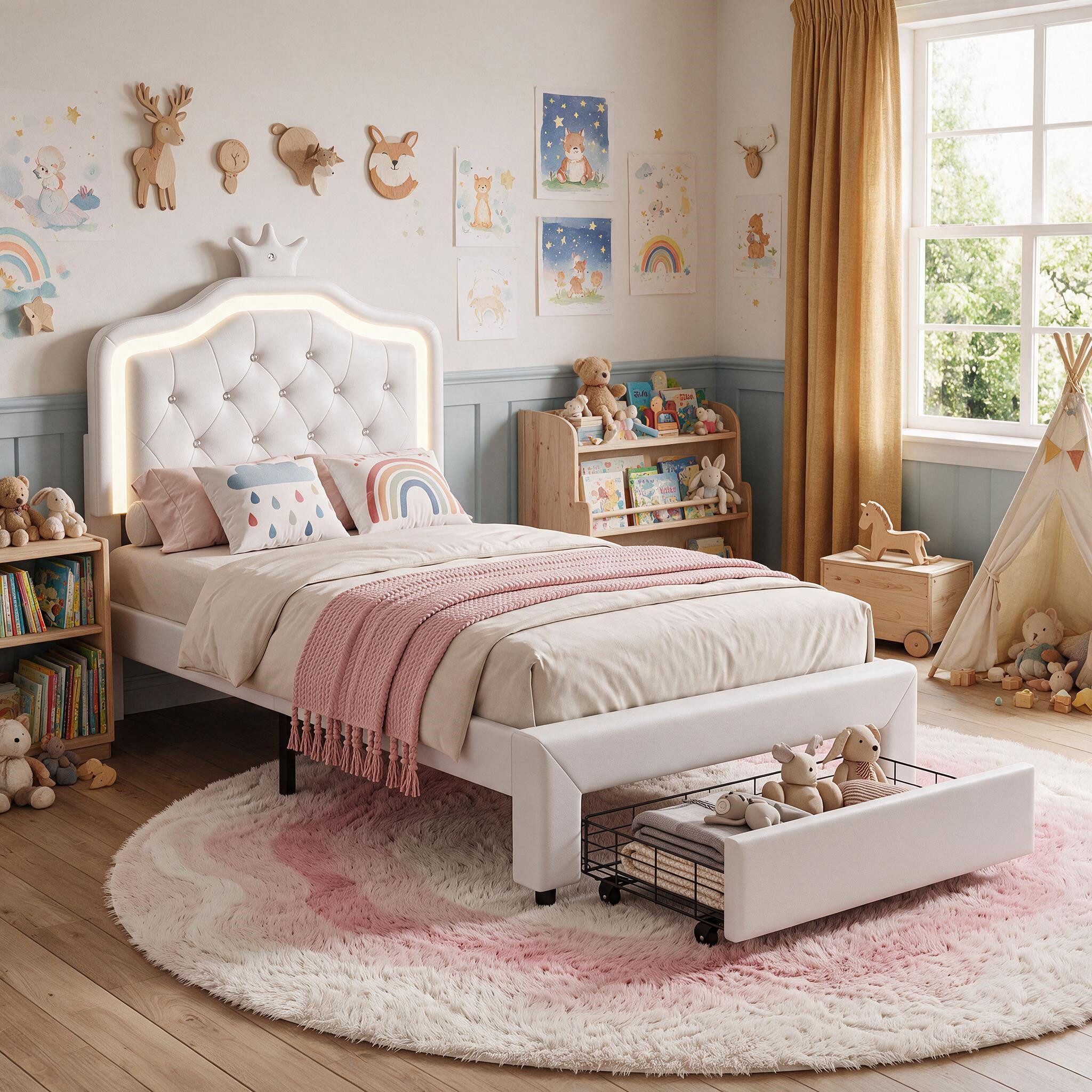 Simurq Einzelbett Polster‑Einzelbett 90x200 für Kinder, höhenverstellbarem Kopfteil, LED