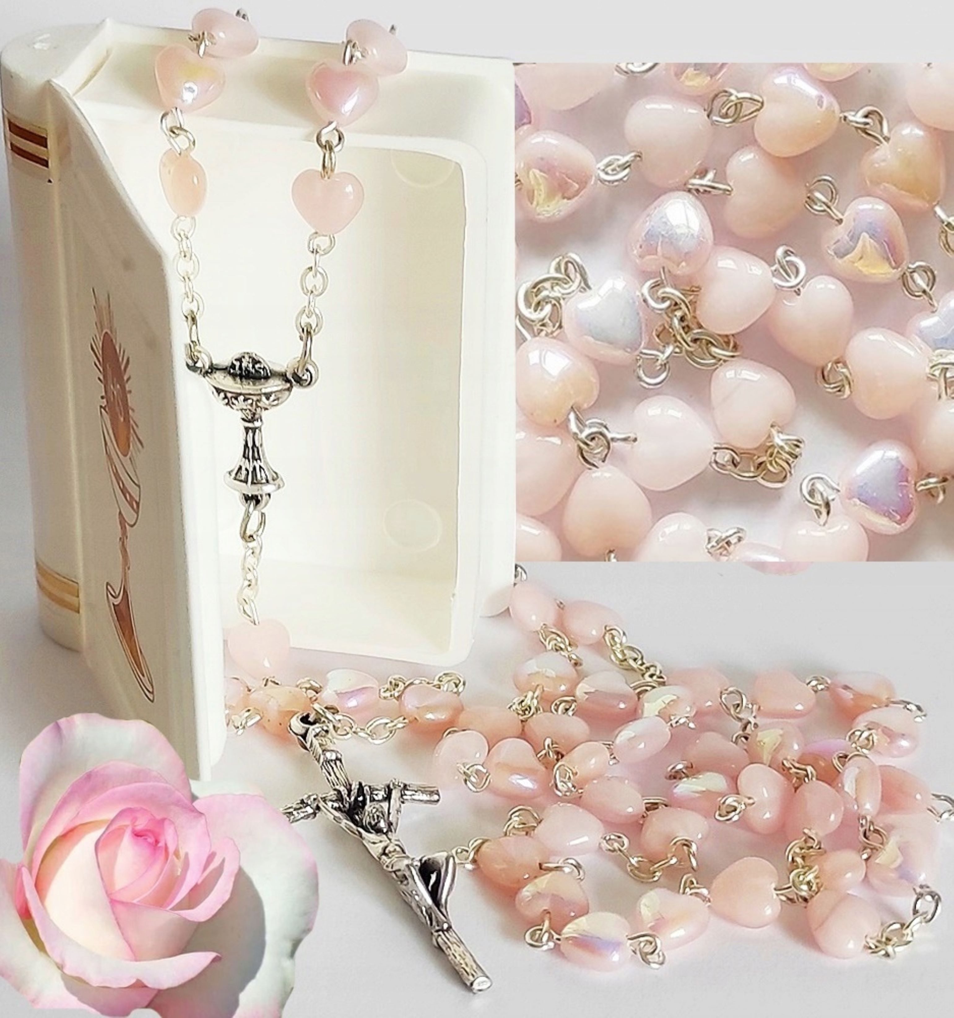 Sacramenta Schmuckset Wunderschöner Rosenkranz mit rosa Herzperlen in Buchbox – Handarbeit! – Bild 5 von 5
