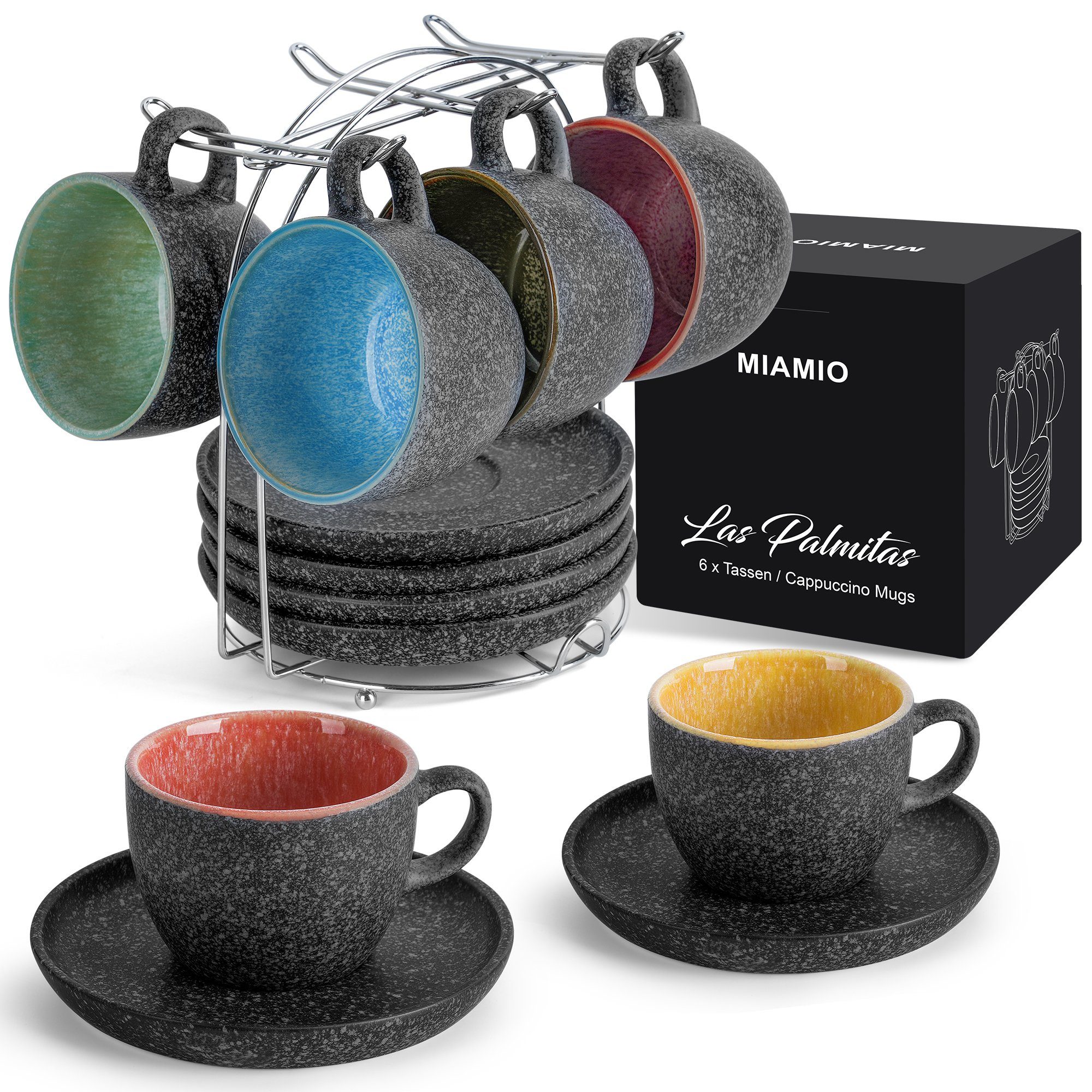 MiaMio Cappuccinotasse Las Palmitas mit Untertassen & Ständer, 13-tlg., Keramik, 190 ml, mit Untertassen und Metallständer