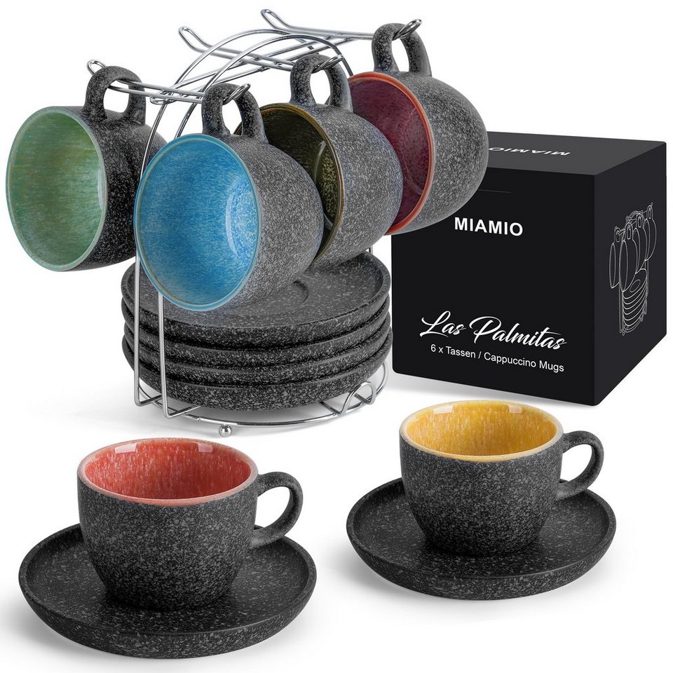 MiaMio Cappuccinotasse Cappuccinotassen Set 6 teilig mit Untertassen &  Ständer (6 x 190 ml), Keramik