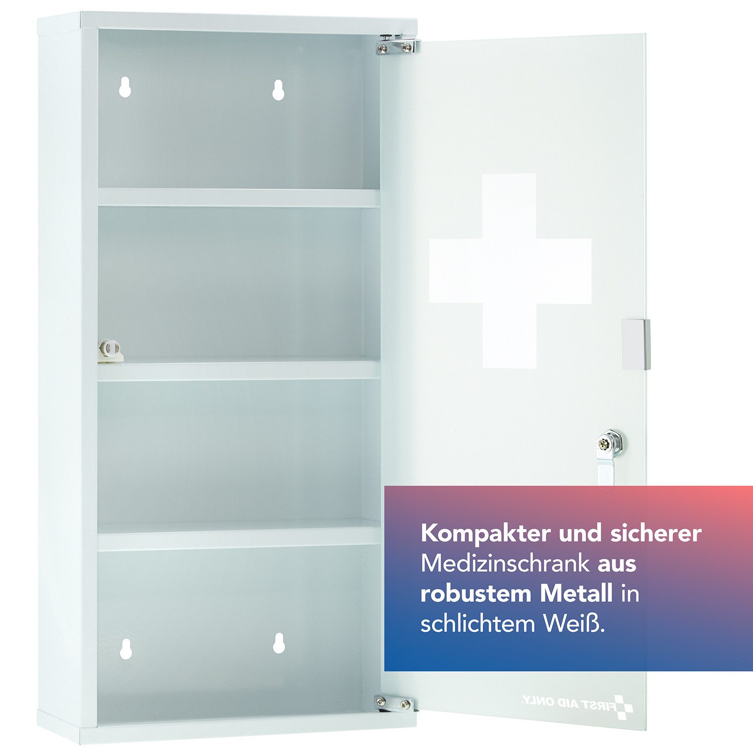 FIRST AID ONLY® Medizinschrank Medizinschrank Weiß mit 4 Fächern und Glastür, abschließbar Medikamentenschrank als Hängeschrank 60 x 30 x 12 cm