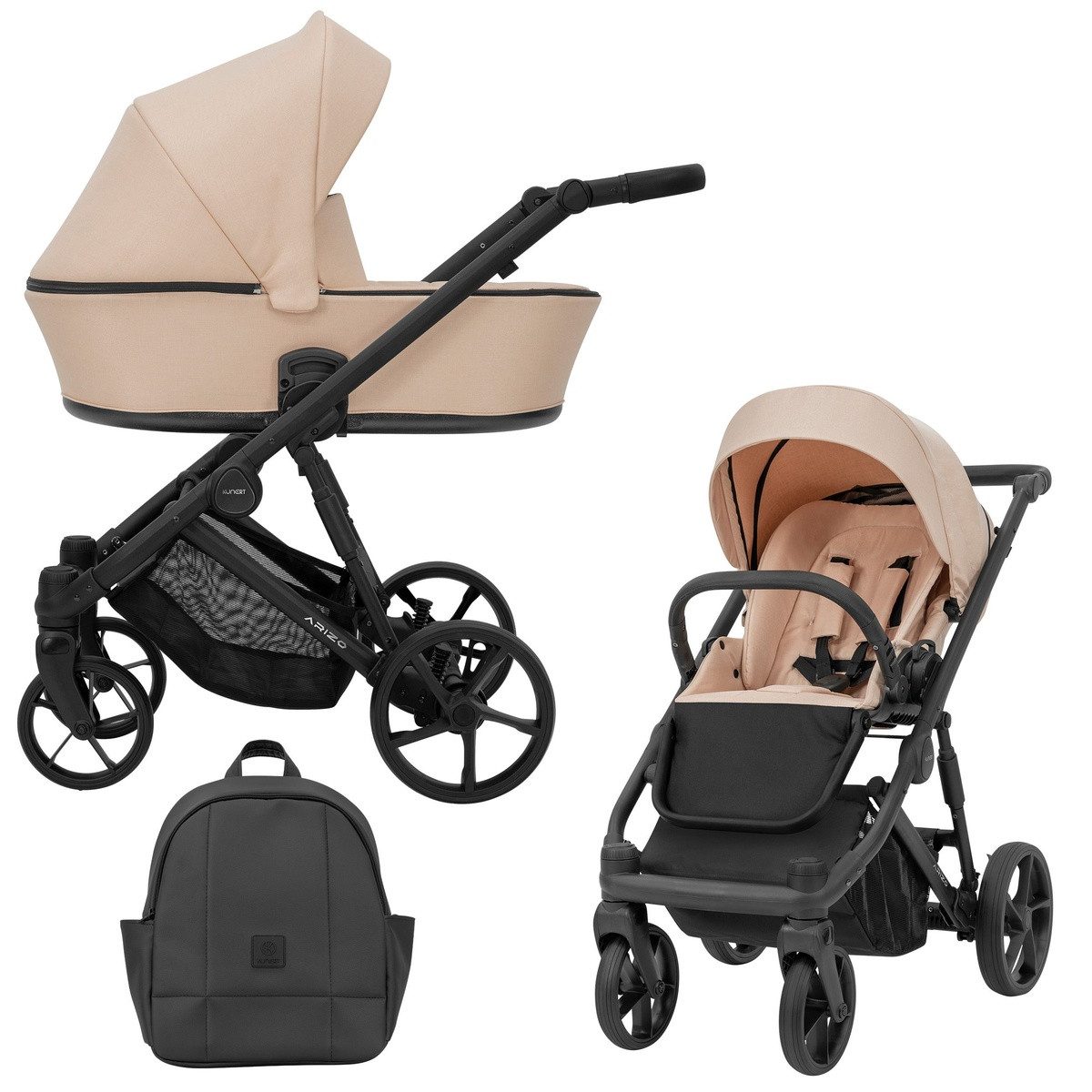 KUNERT Kombi-Kinderwagen Arizo 2 in1 Kinderwagen mit schwarzem Gestell – Leicht, stilvoll, Leichter Aluminiumrahmen, verstellbare Rückenlehne