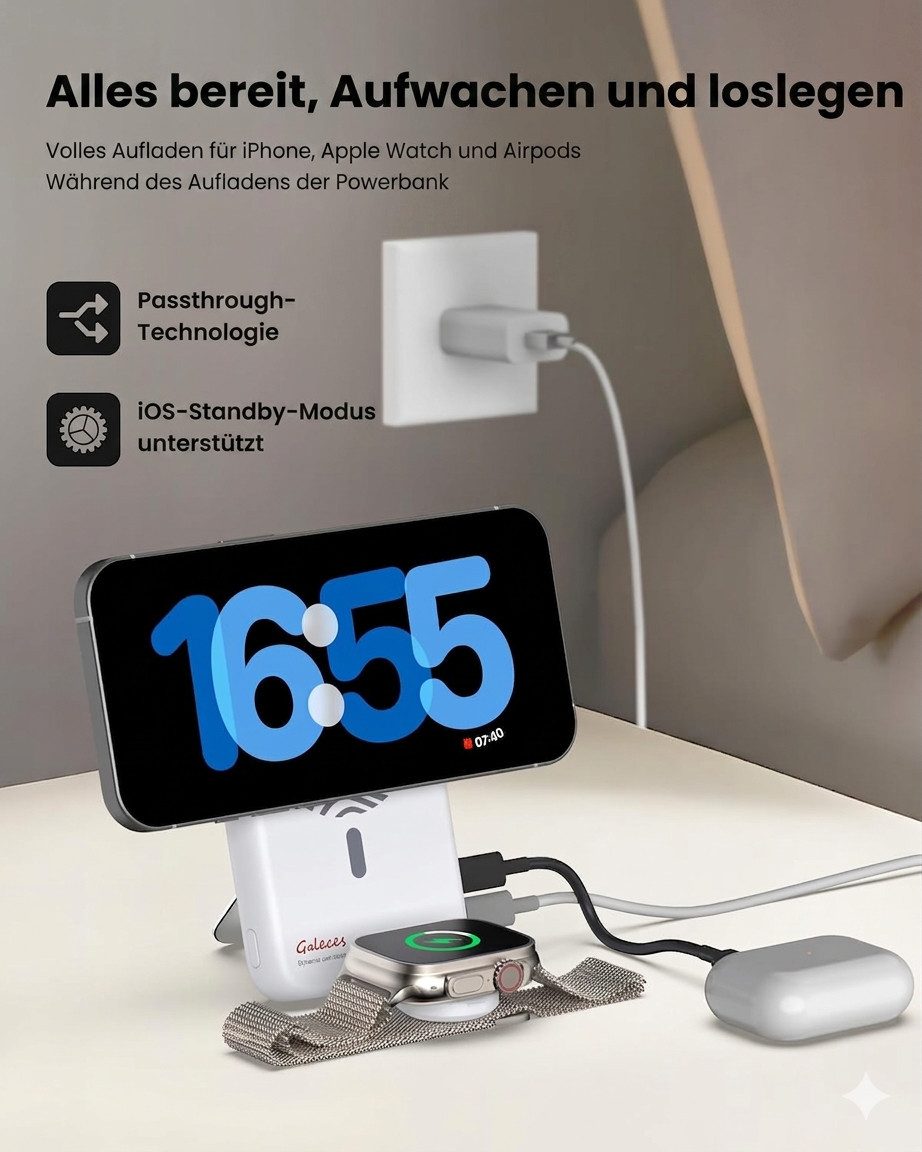 Galeces Magnetische Powerbank 10000mAh für iPhone Apple Watch USB-C PD20W Powerbank AE01 10000 mAh (5 V), Kompakter MagSafe-kompatibler Li-Ion Spezialakku mit LED-Display