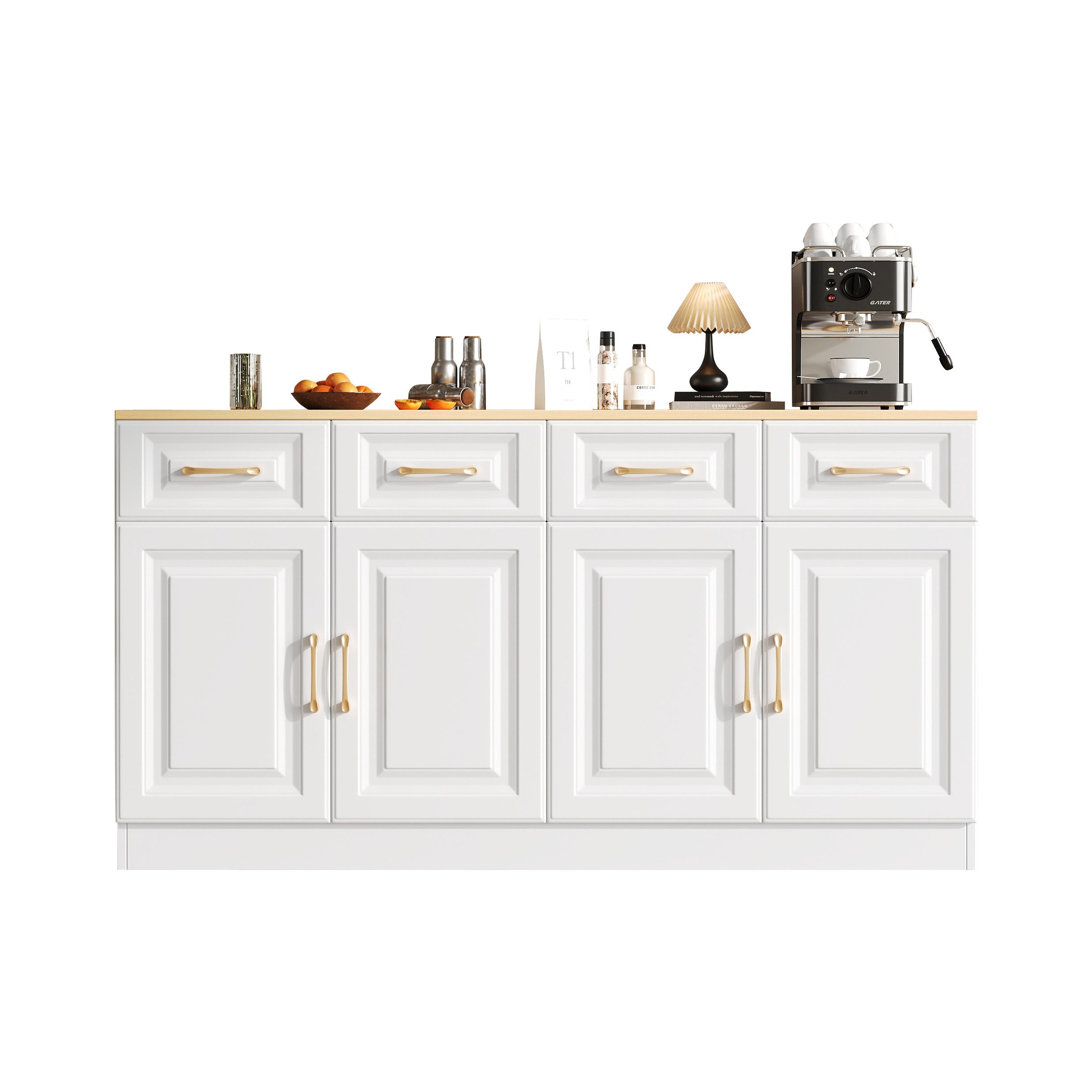 MODFU Sideboard Landhaus Buffet im rustikalen Look (Buffetschrank, Kaffeebarschrank, Kommode, 1 St., 4 Schubladen und 4 Scheunentüren), mit Stauraum