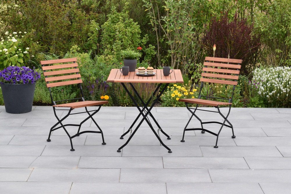 MERXX Garten-Essgruppe Schlossgarten, (Set 3-teilig, Tisch, 2 Klappstühle, Flachstahl mit Eukalyptusholz), Lieferung ohne Dekoration