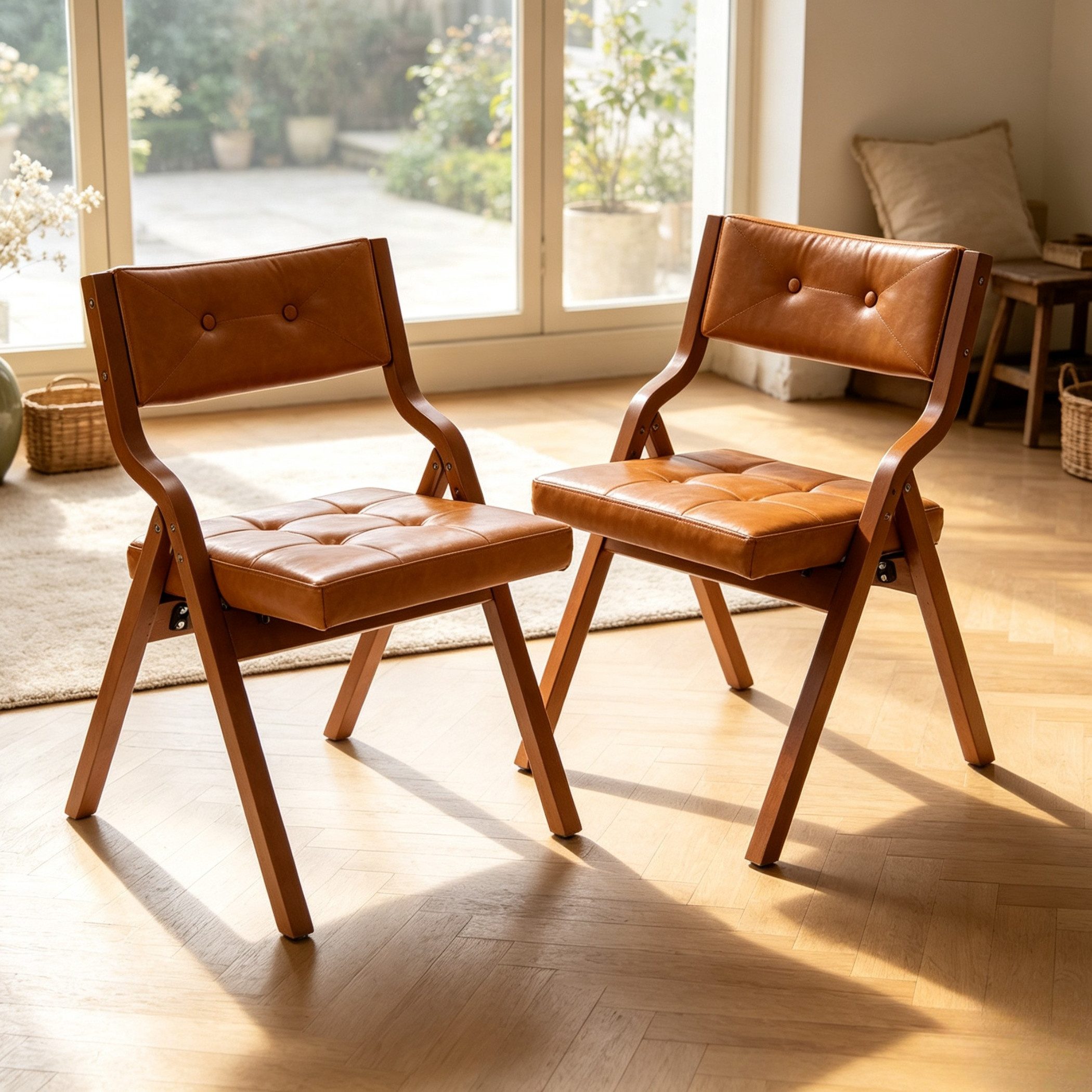 SeedWave Esszimmerstuhl 2er Set Klappstühle Kunstleder Faltstuhl mit Gebogenem Holzgestell (2er Set), Vintage-Lederoptik Folding Chair mit Knopfheftung, 130 kg  – Bild 2 von 5