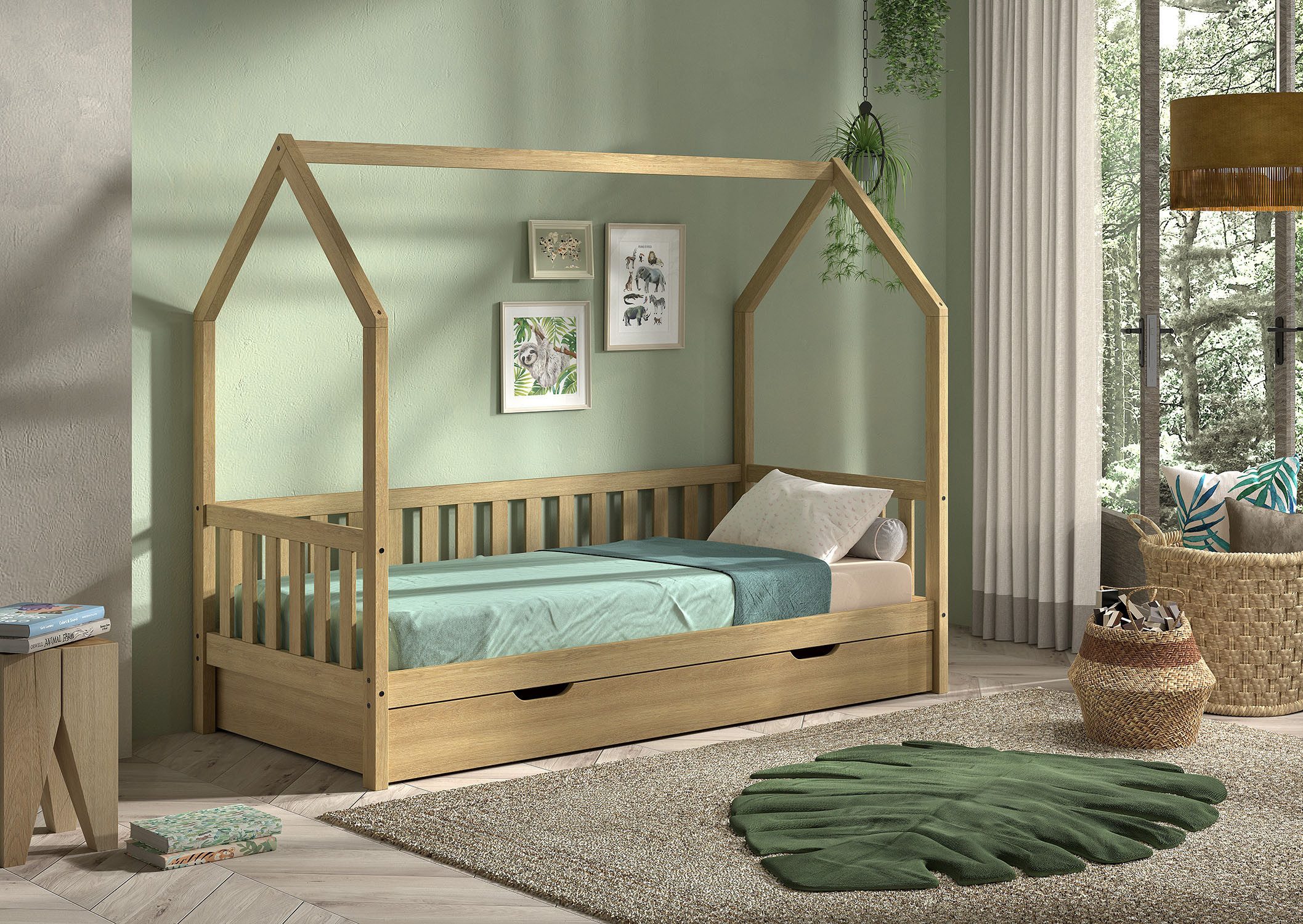 Vipack Hausbett Cabane, mit Dachaufbau, Bettschublade auf Rollen u. Sprossenumrandung (B/H/T ca. 208x169x98 cm) aus massiver Eiche, Oberfläche Natur), sehr stabil und standfest gebaut inkl. Massivholz Rolllattenrost