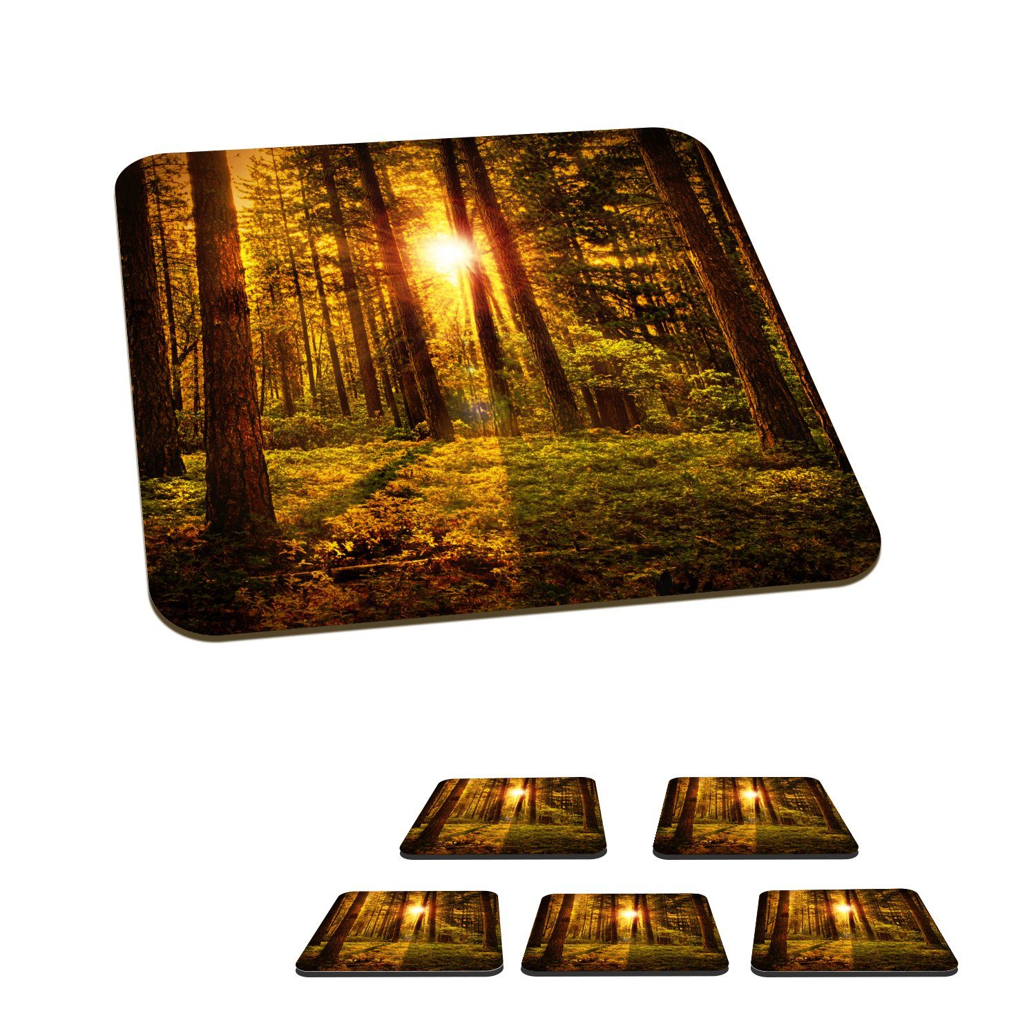 Sonne - Bäume - Tischuntersetzer, Zubehör - Wald 6-tlg., MuchoWow Gläser, Sonnenuntergang, Korkuntersetzer, für Untersetzer, Glasuntersetzer, Glasuntersetzer - Natur Tasse